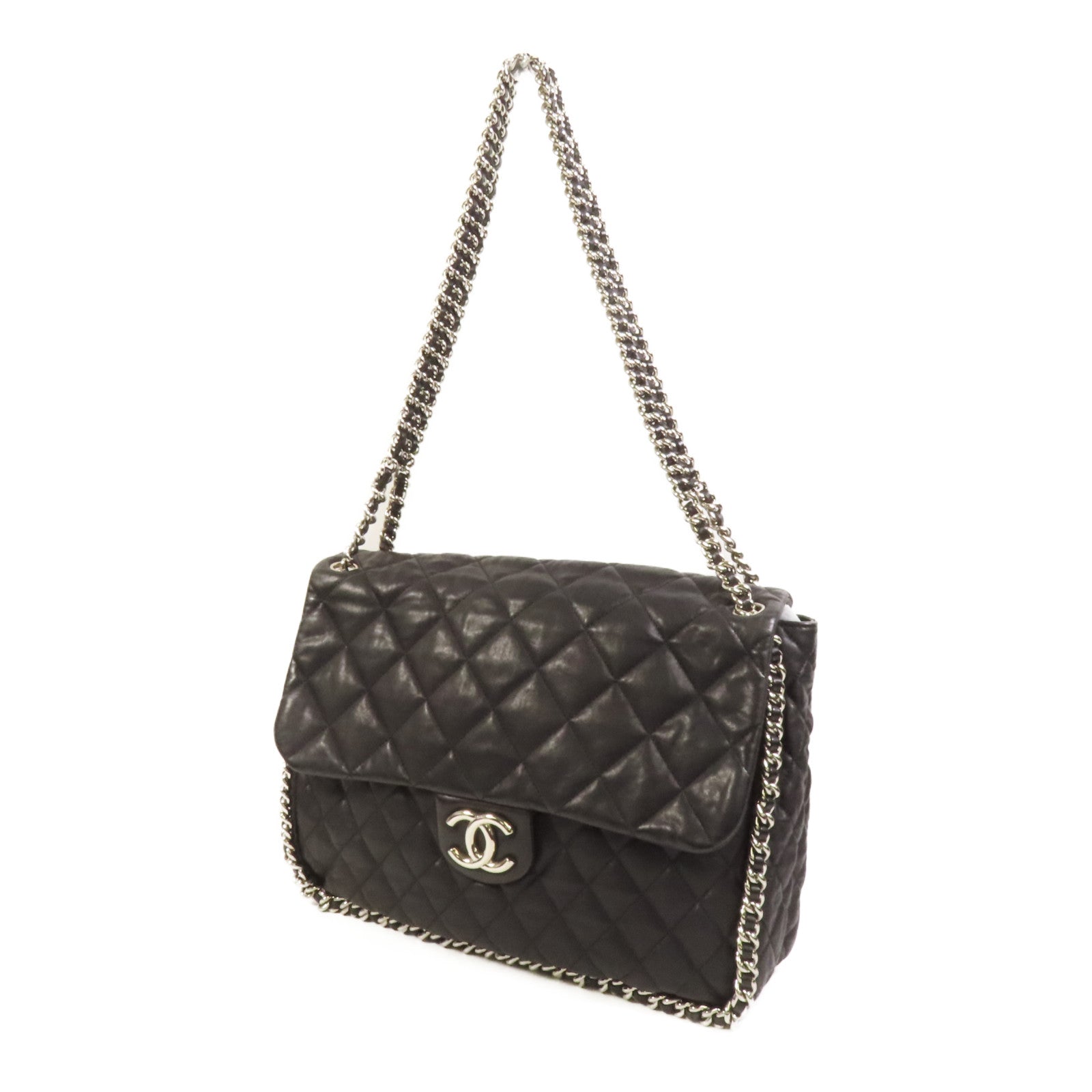 CHANEL 牛皮皮革Chain Shoulder銀扣鏈帶肩背袋