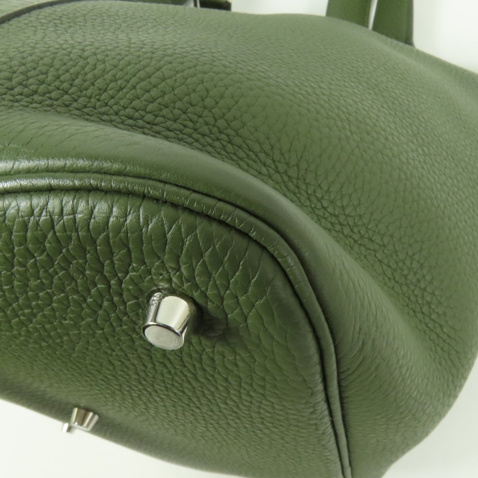 HERMES Clemence皮革Picotin GM銀扣手挽袋Olive Green