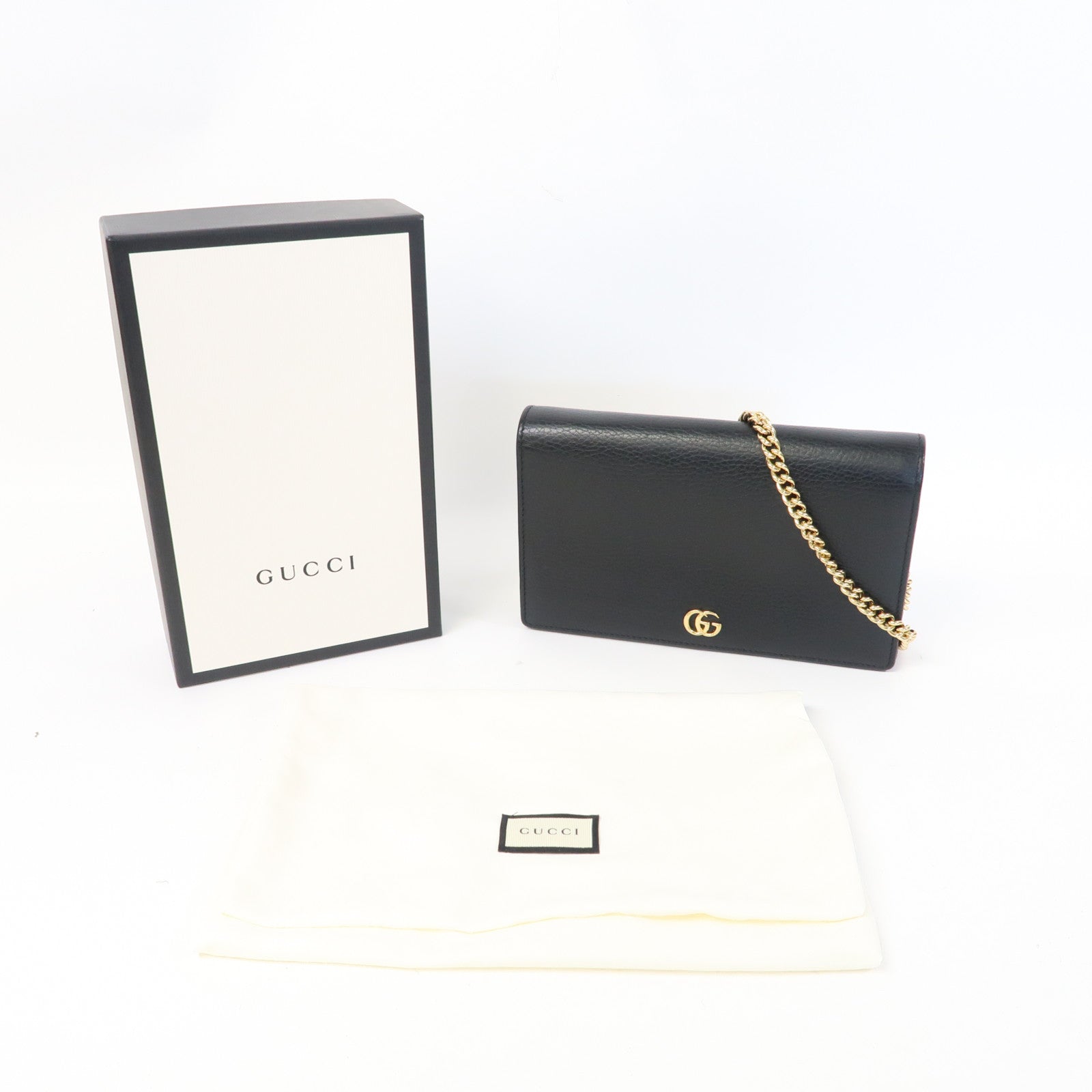 GUCCI 牛皮皮革GG Marmont WOC金扣鏈帶肩背袋黑色