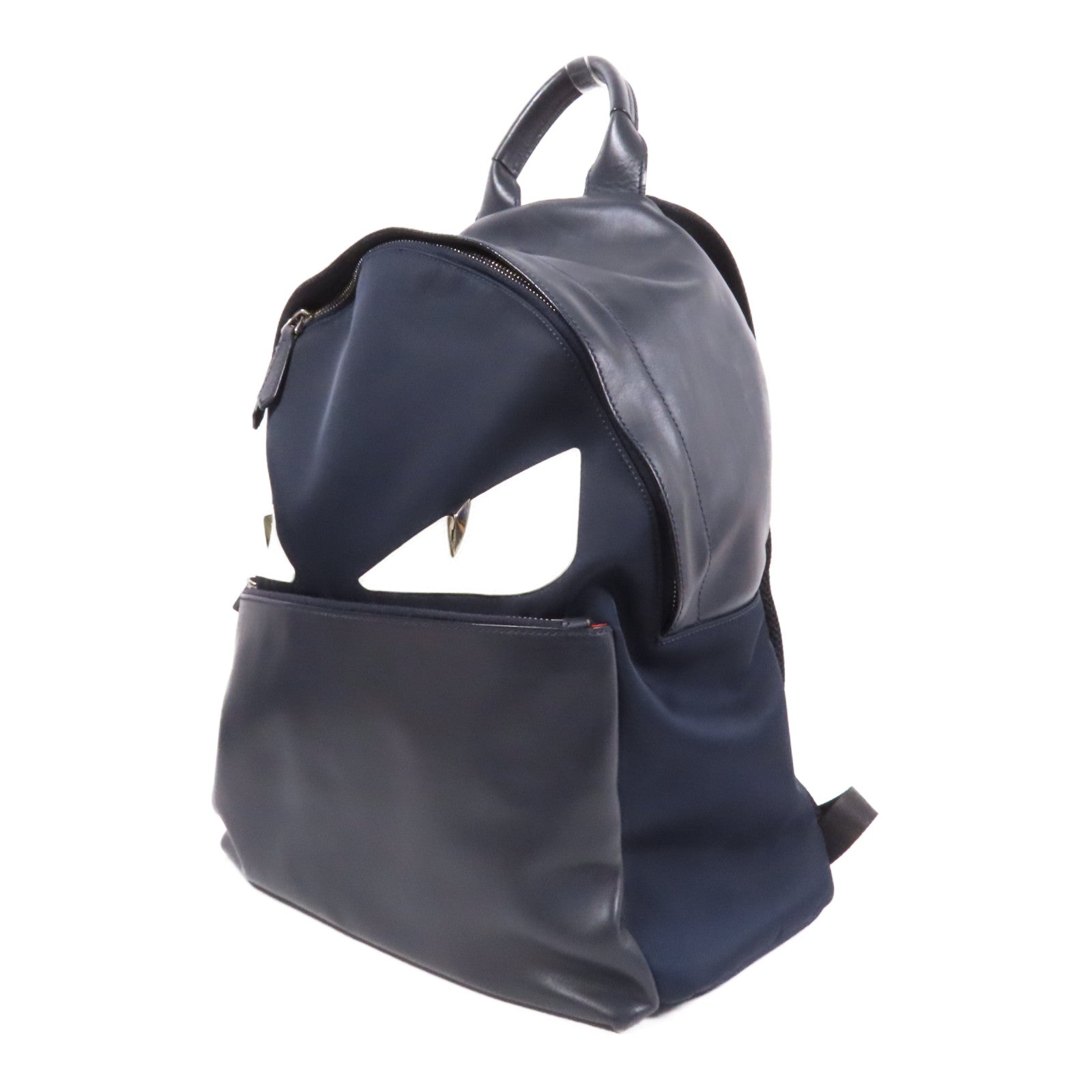 FENDI 牛皮皮革/尼龍Monster Eyes Backpack銀扣背包黑色