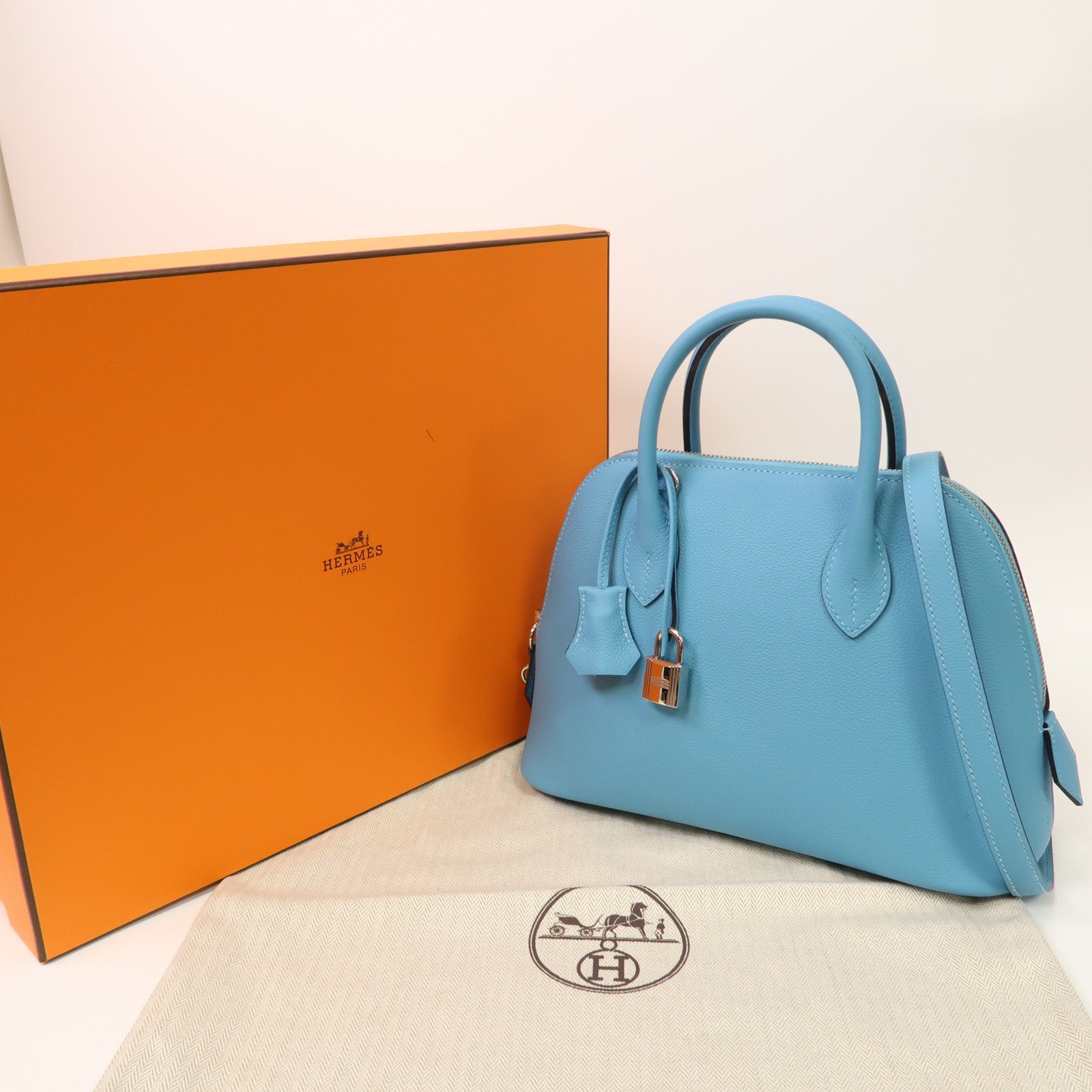 HERMES Evercolor皮革Bolide 1923 25銀扣手挽肩背兩用袋Bleu Atoll環礁藍色