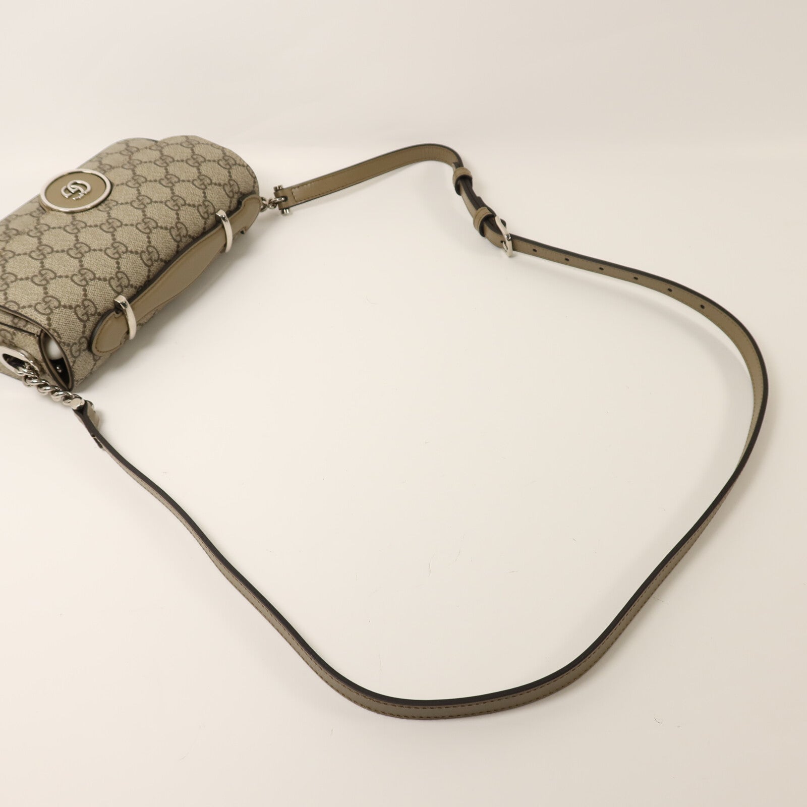 GUCCI 塗層帆布Petit GG Mini Bag銀扣鏈帶手挽肩背兩用袋