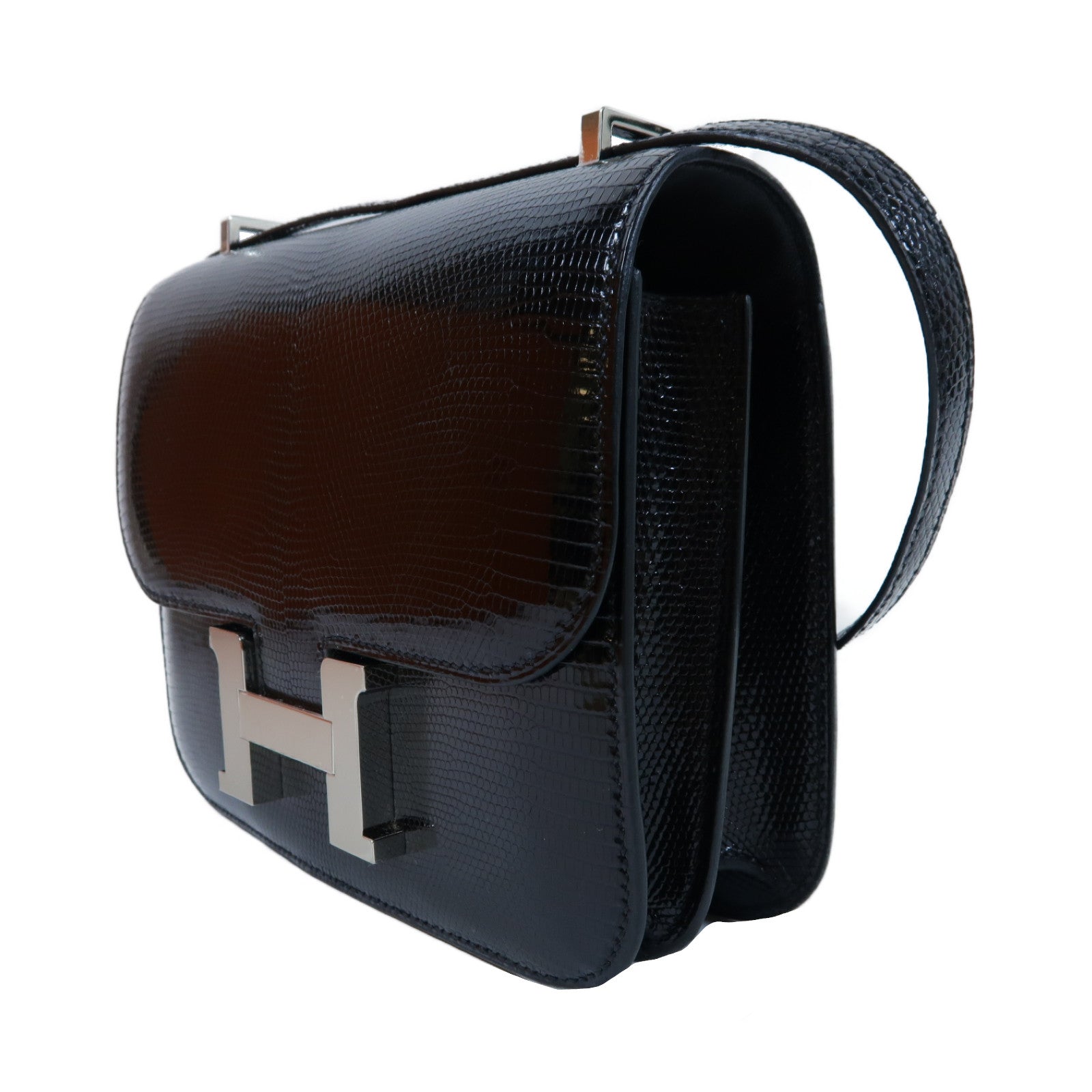 HERMES 蜥蝪皮革Constance Mini銀扣肩背袋黑色