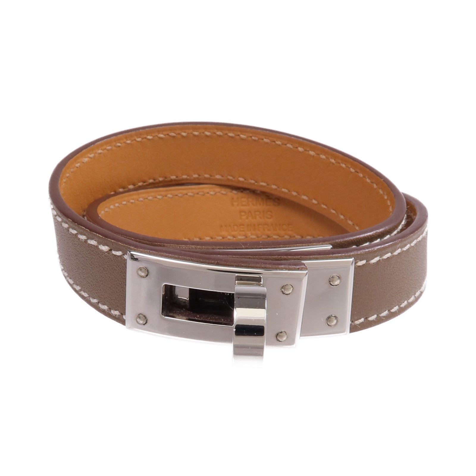 HERMES Swift皮革Kelly Double Tour Bracelet銀扣手帶Etoupe