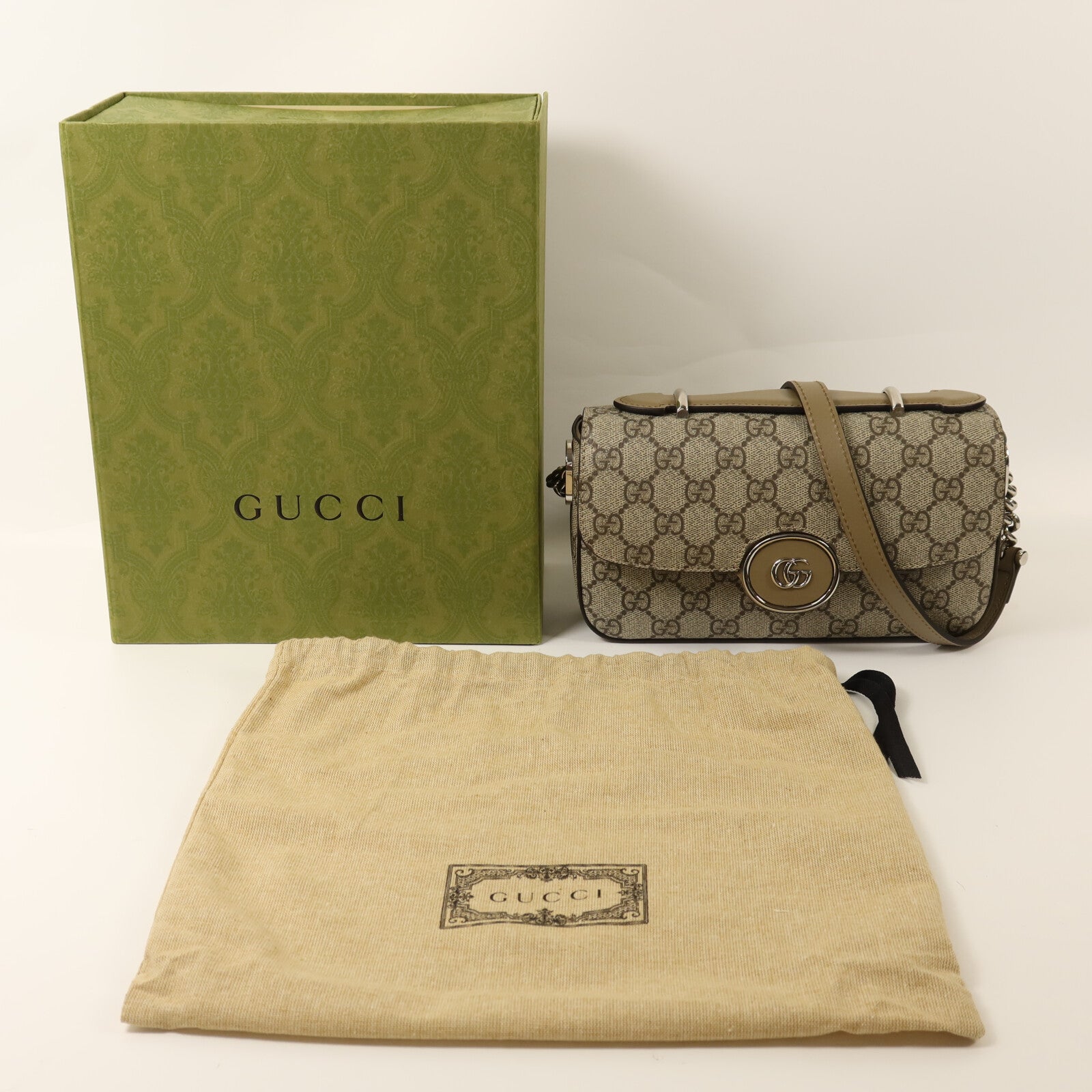 GUCCI 塗層帆布Petit GG Mini Bag銀扣鏈帶手挽肩背兩用袋