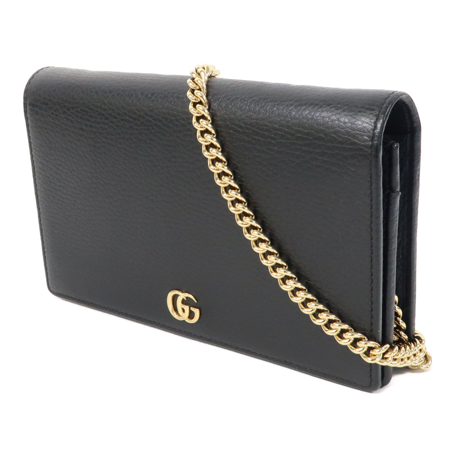 GUCCI 牛皮皮革GG Marmont WOC金扣鏈帶肩背袋黑色