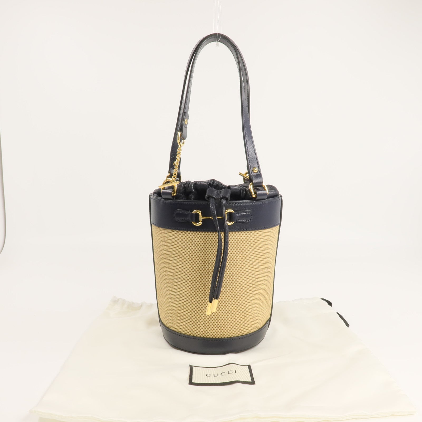 GUCCI 牛皮皮革/帆布Horsebit 1955 Bucket Bag金扣手挽袋