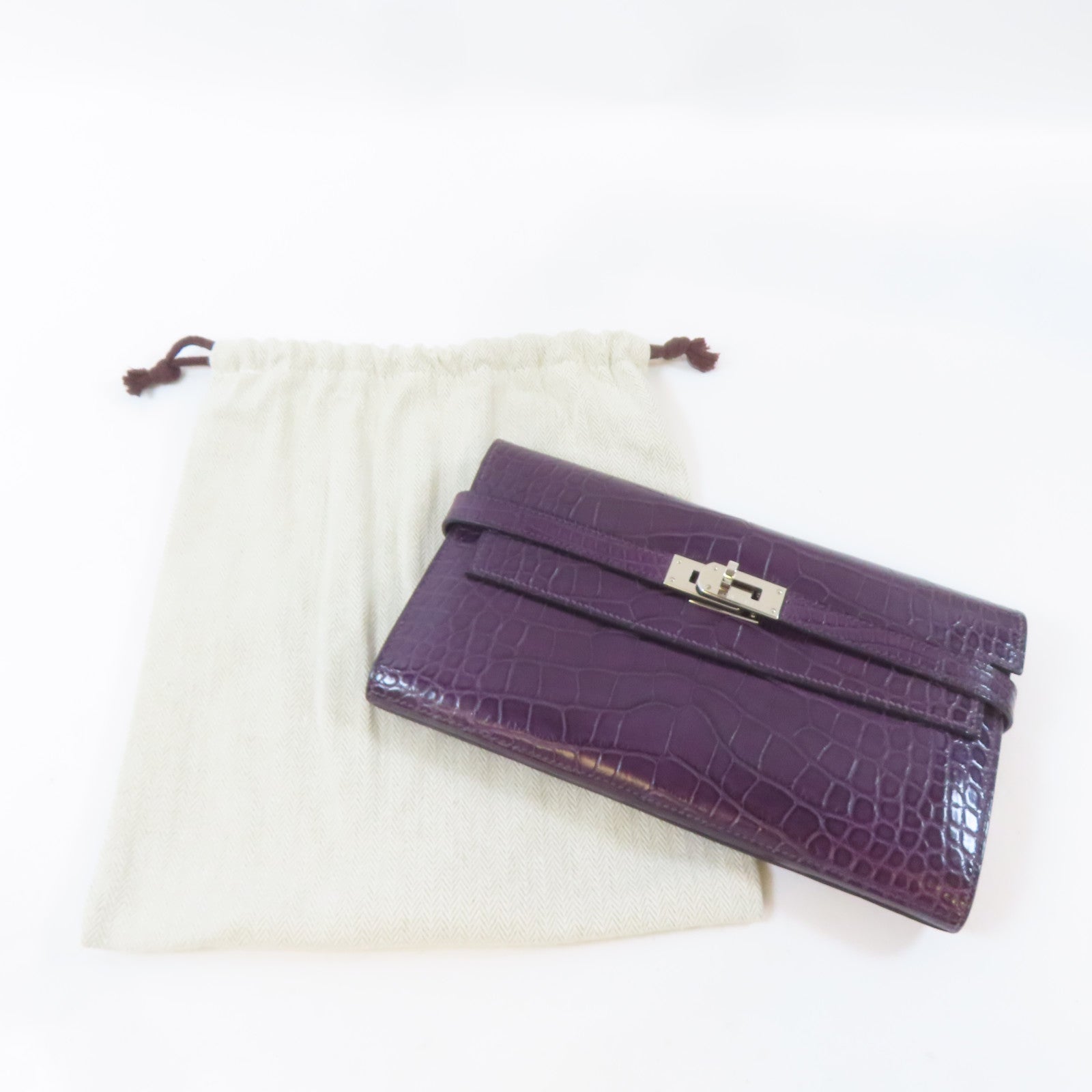 HERMES 鱷魚皮革Kelly Long Wallet銀扣長錢包Violet/紫色