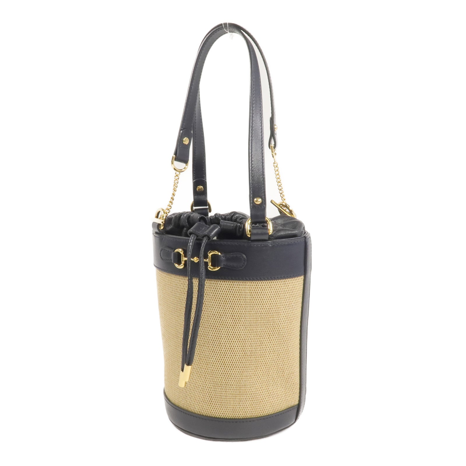 GUCCI 牛皮皮革/帆布Horsebit 1955 Bucket Bag金扣手挽袋