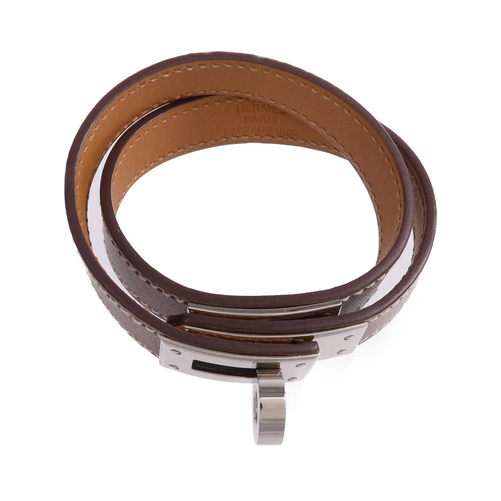 HERMES Swift皮革Kelly Double Tour Bracelet銀扣手帶Etoupe
