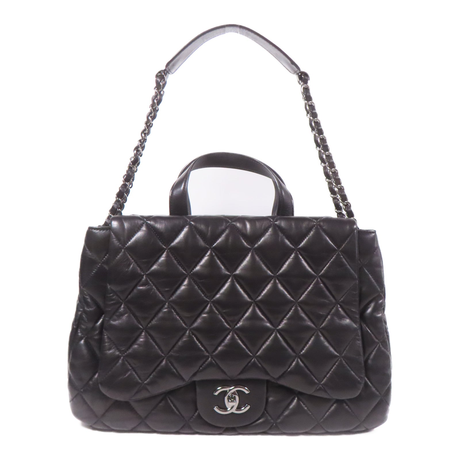 CHANEL 皮革3 Compartment Top Quilted銀扣鏈帶手挽肩背兩用袋
