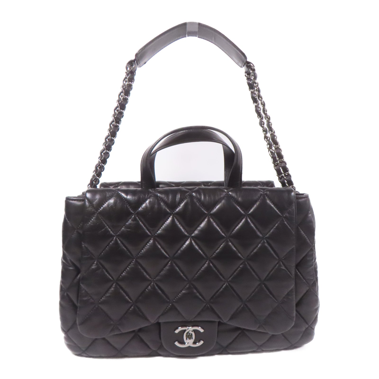 CHANEL 皮革3 Compartment Top Quilted銀扣鏈帶手挽肩背兩用袋