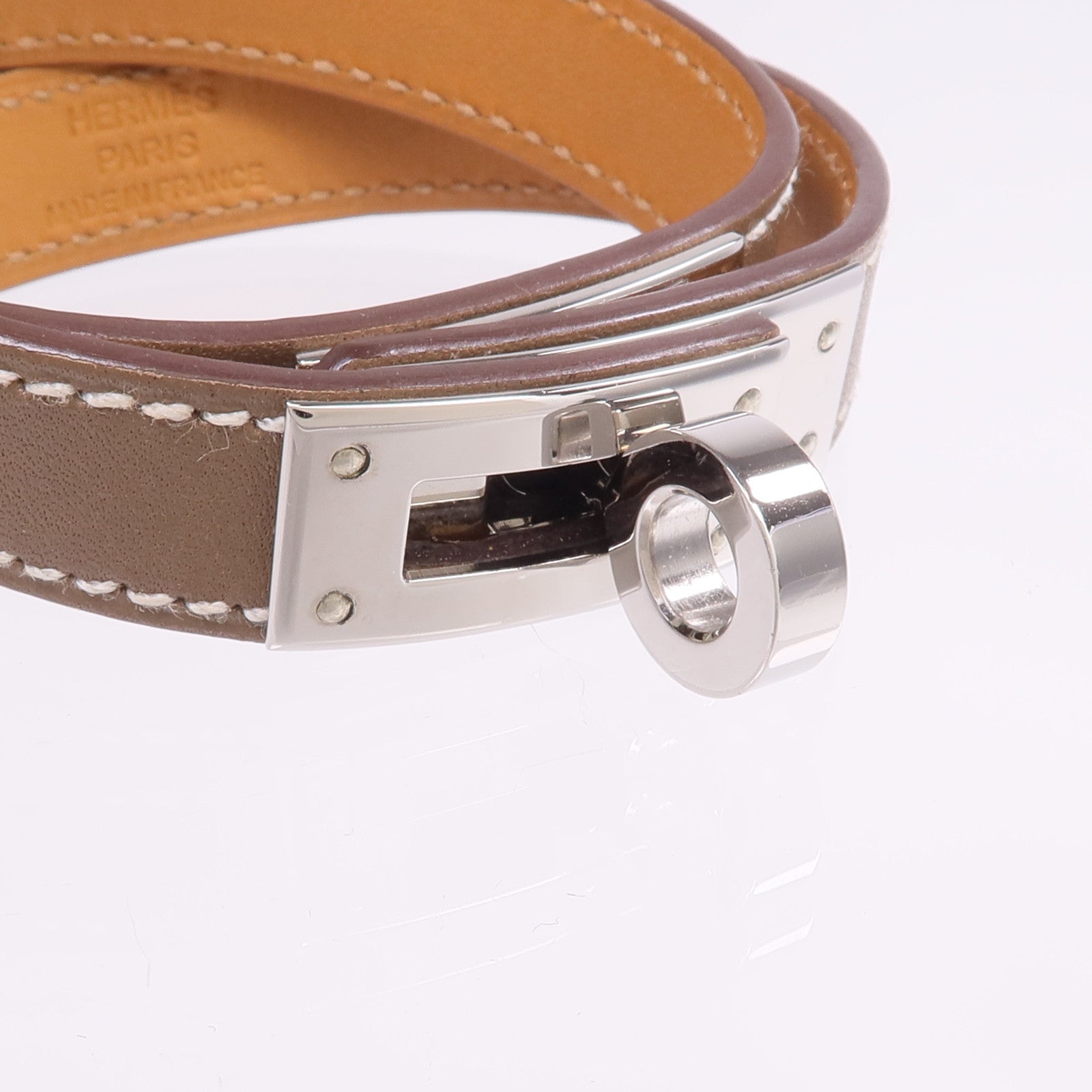 HERMES Swift皮革Kelly Double Tour Bracelet銀扣手帶Etoupe