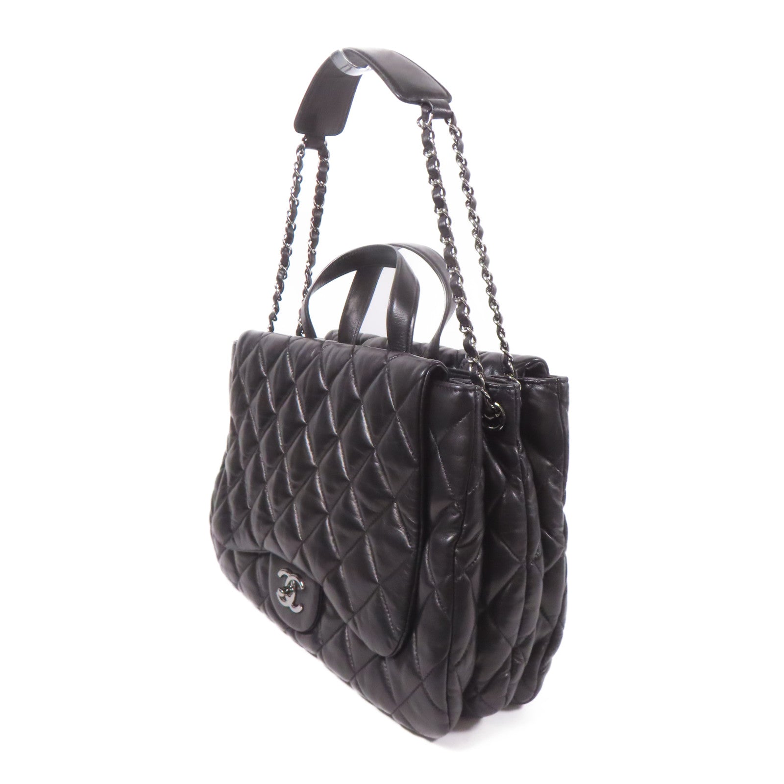 CHANEL 皮革3 Compartment Top Quilted銀扣鏈帶手挽肩背兩用袋