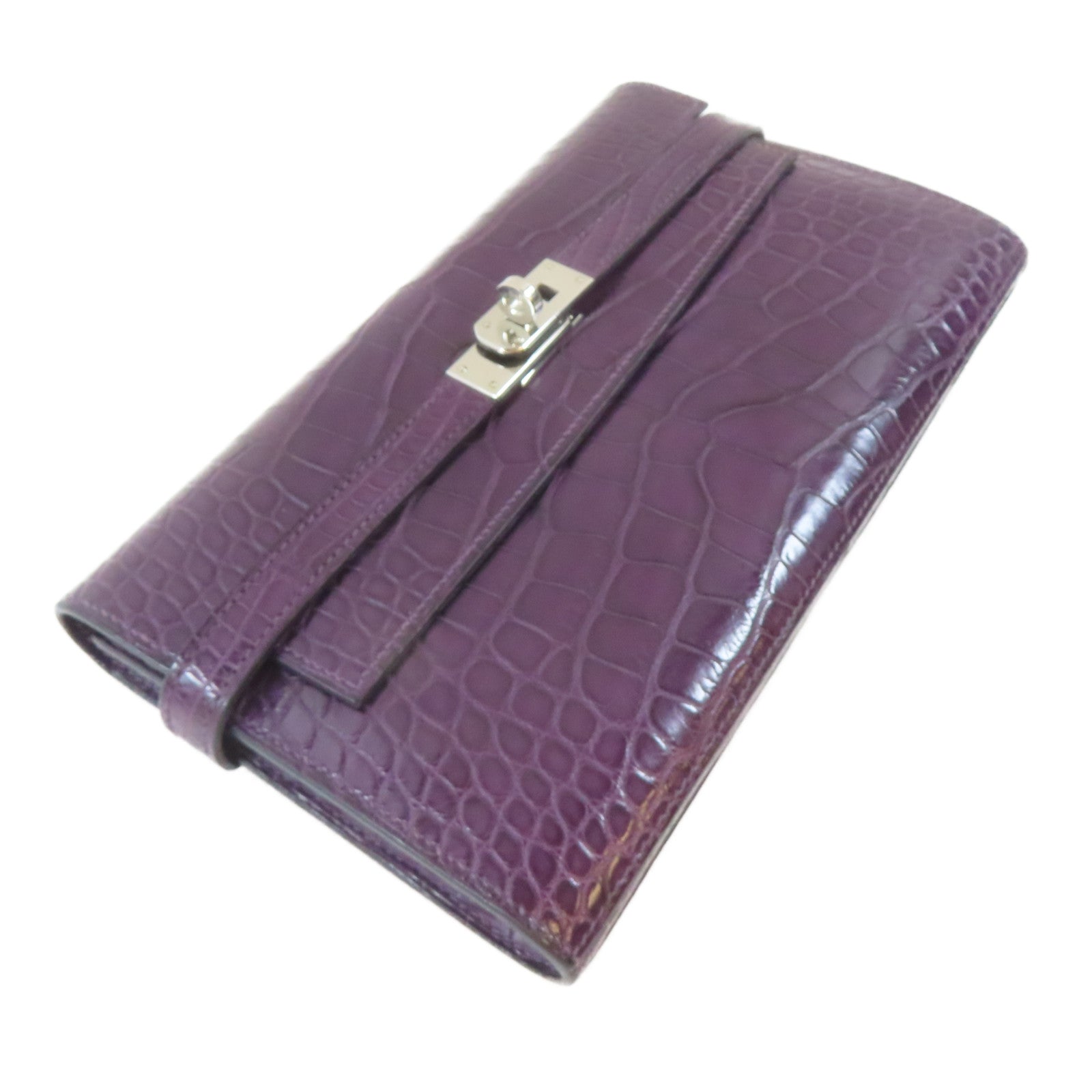 HERMES 鱷魚皮革Kelly Long Wallet銀扣長錢包Violet/紫色