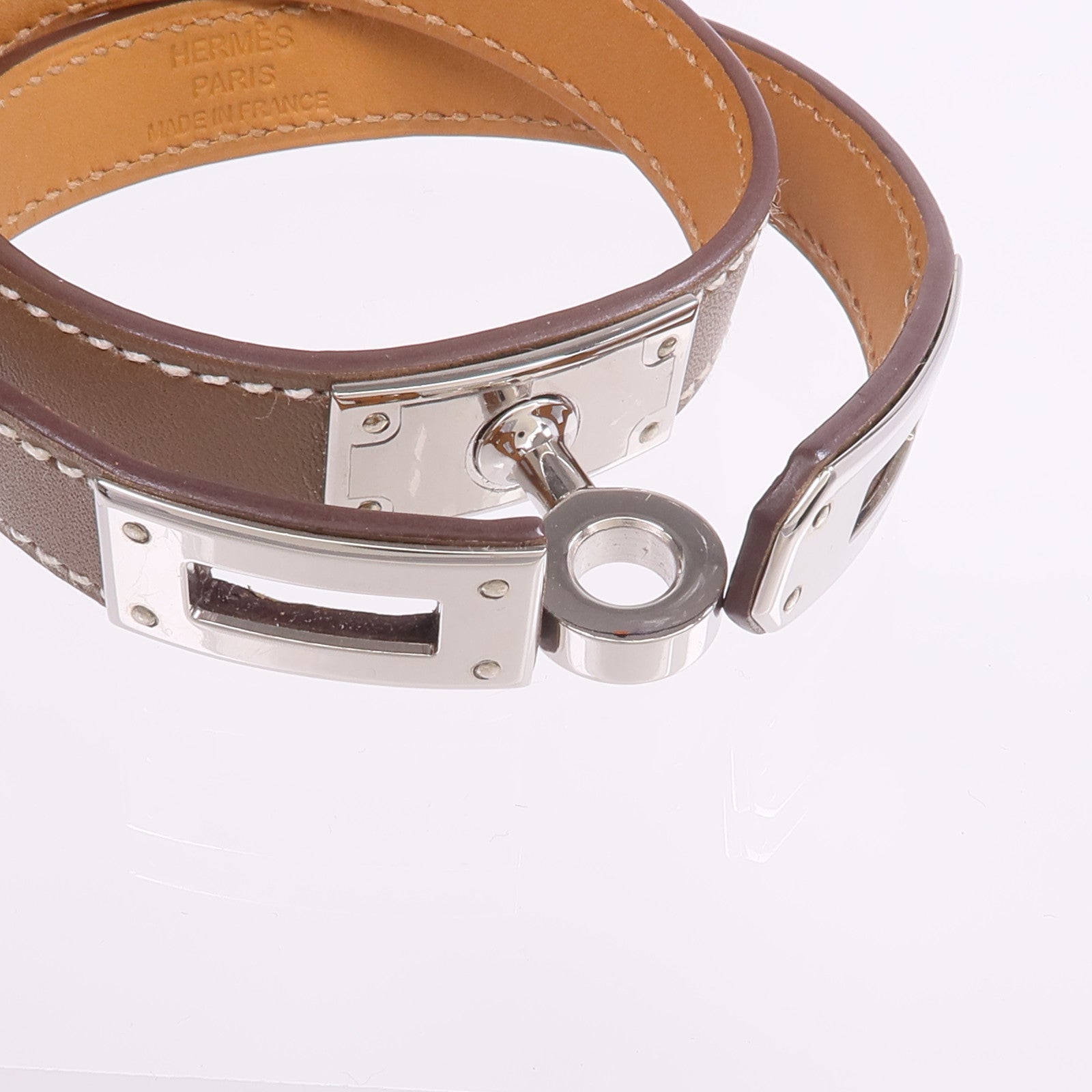 HERMES Swift皮革Kelly Double Tour Bracelet銀扣手帶Etoupe