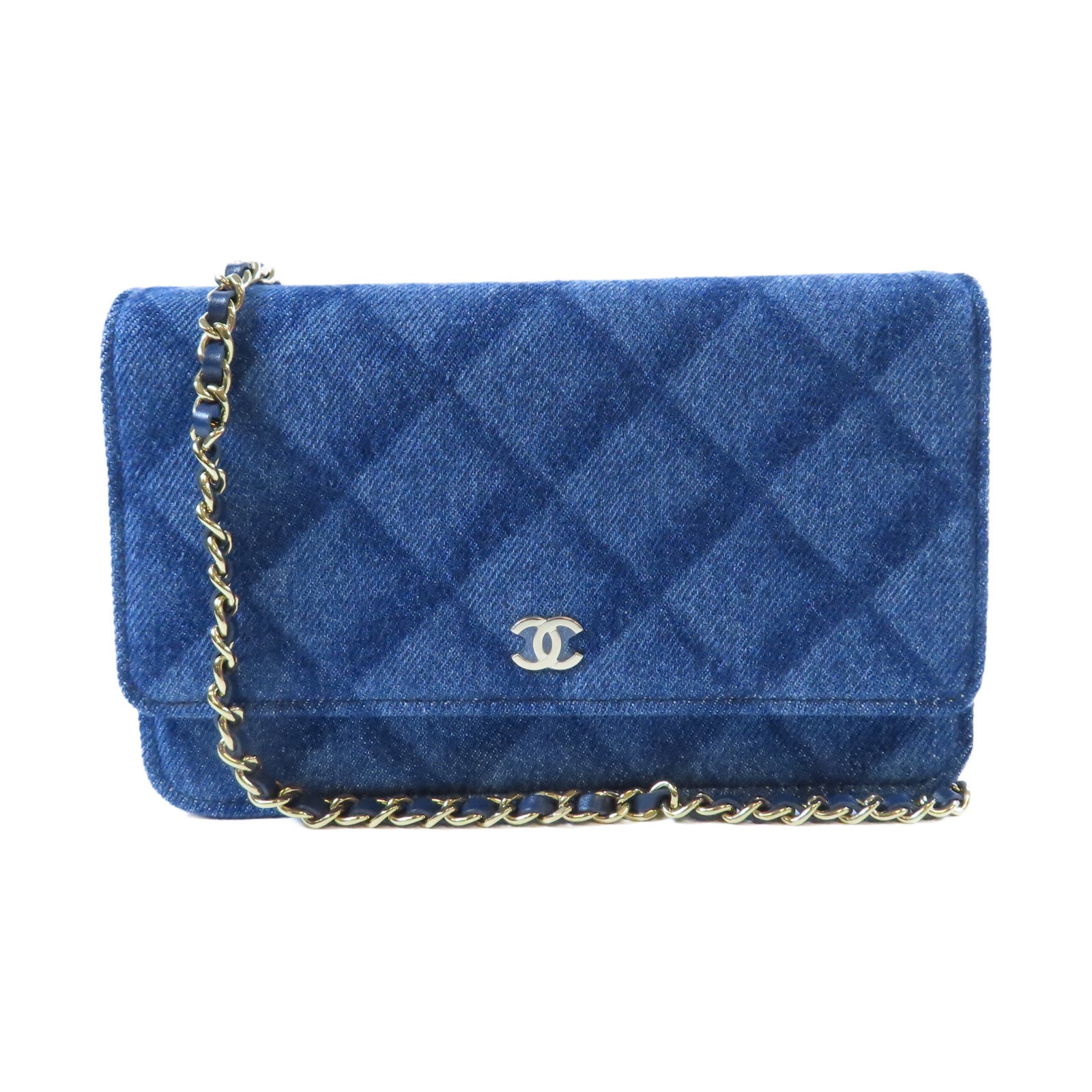 CHANEL 【激減優惠】牛仔布Wallet On Chain金扣鏈帶肩背袋藍色