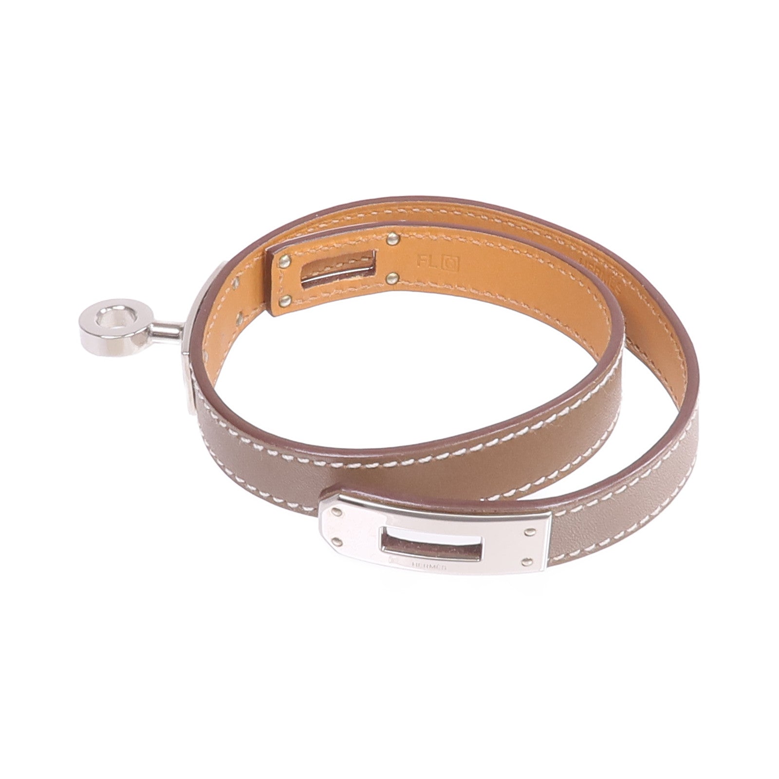 HERMES Swift皮革Kelly Double Tour Bracelet銀扣手帶Etoupe