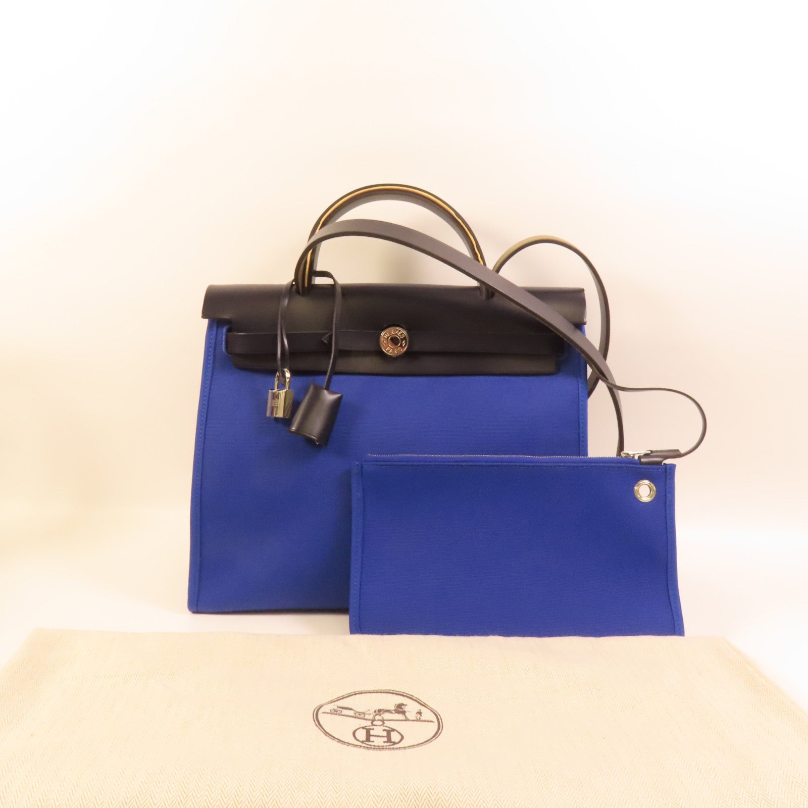 HERMES 帆布Herbag PM銀扣手挽肩背兩用袋Blue Electrique