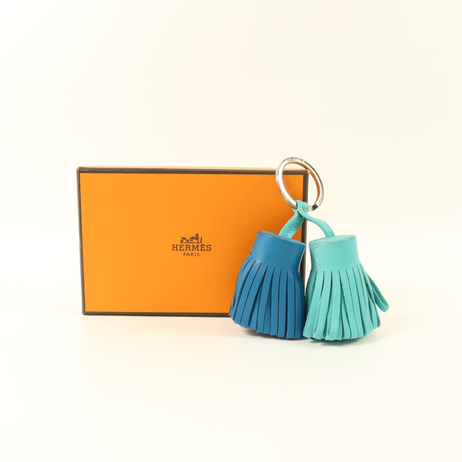 HERMES Milo皮革Carmen Duo銀扣鎖匙扣Bleu Izmir/Lagon