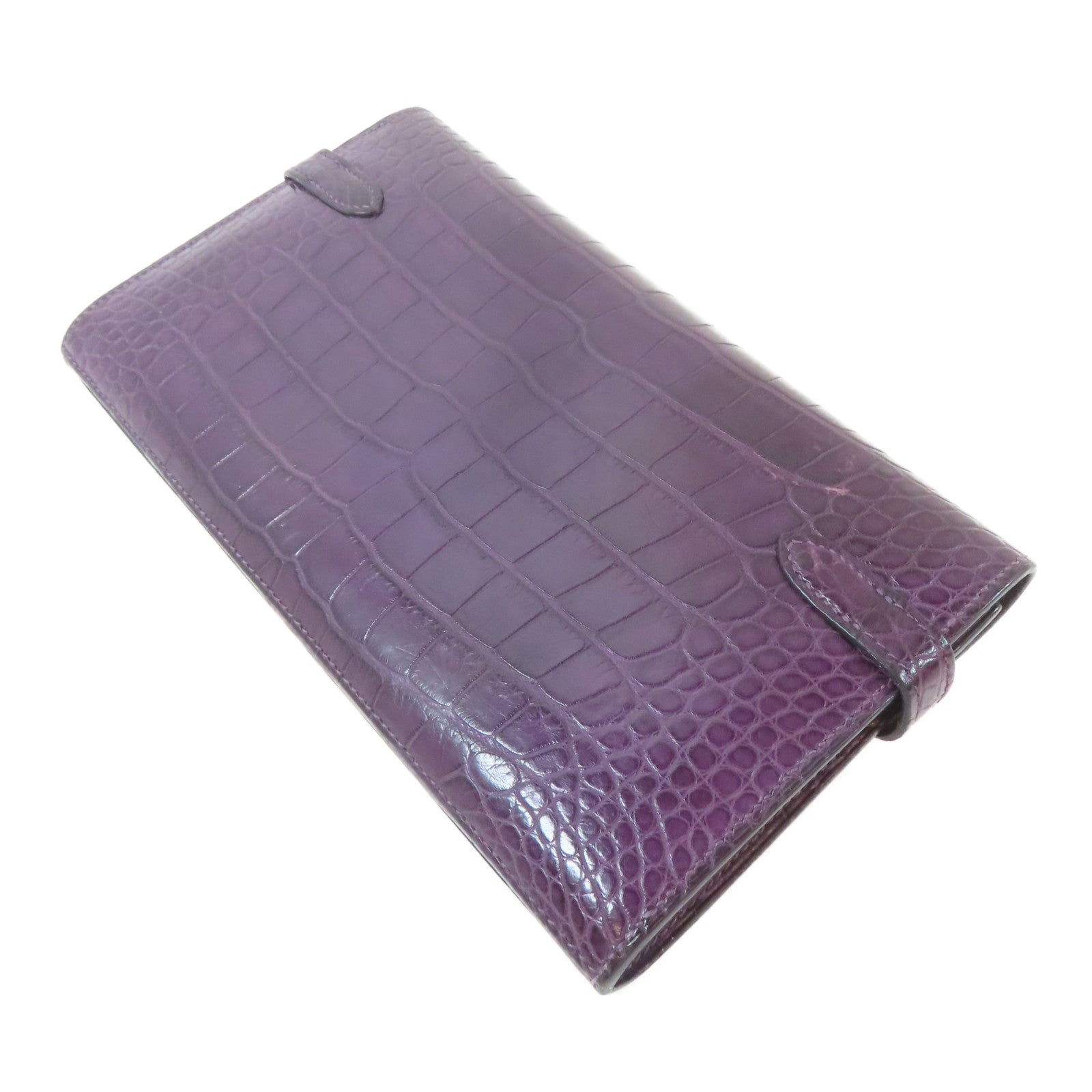 HERMES 鱷魚皮革Kelly Long Wallet銀扣長錢包Violet/紫色
