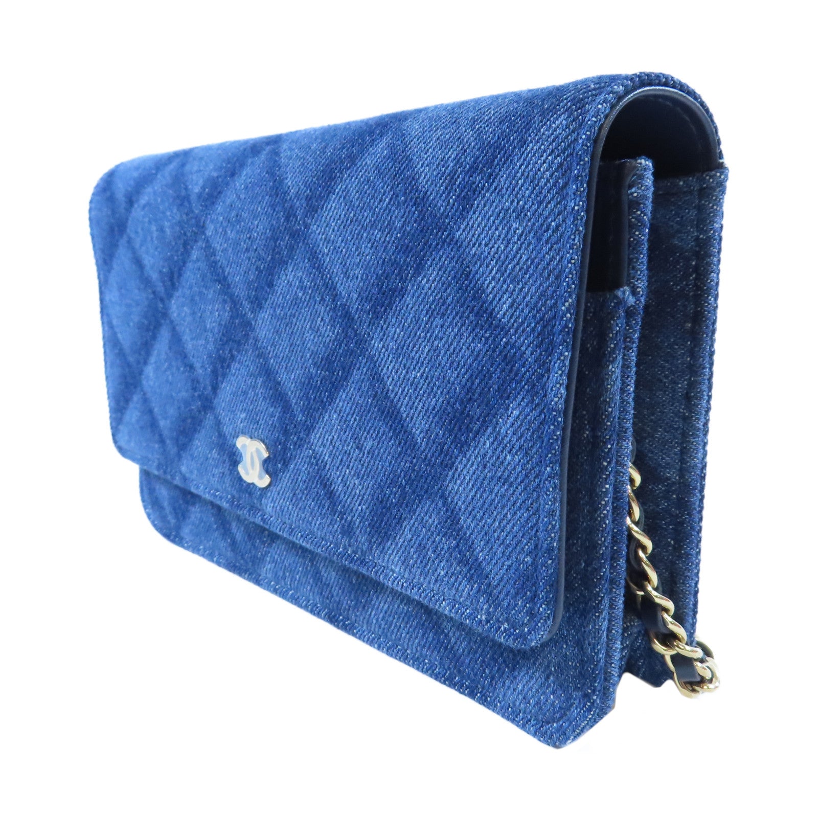 CHANEL 【激減優惠】牛仔布Wallet On Chain金扣鏈帶肩背袋藍色