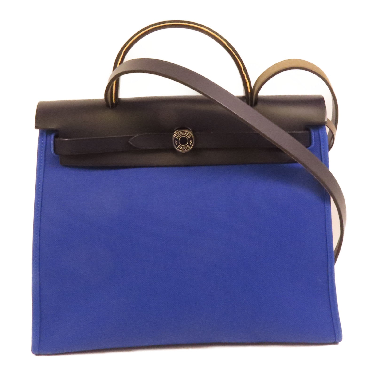 HERMES 帆布Herbag PM銀扣手挽肩背兩用袋Blue Electrique
