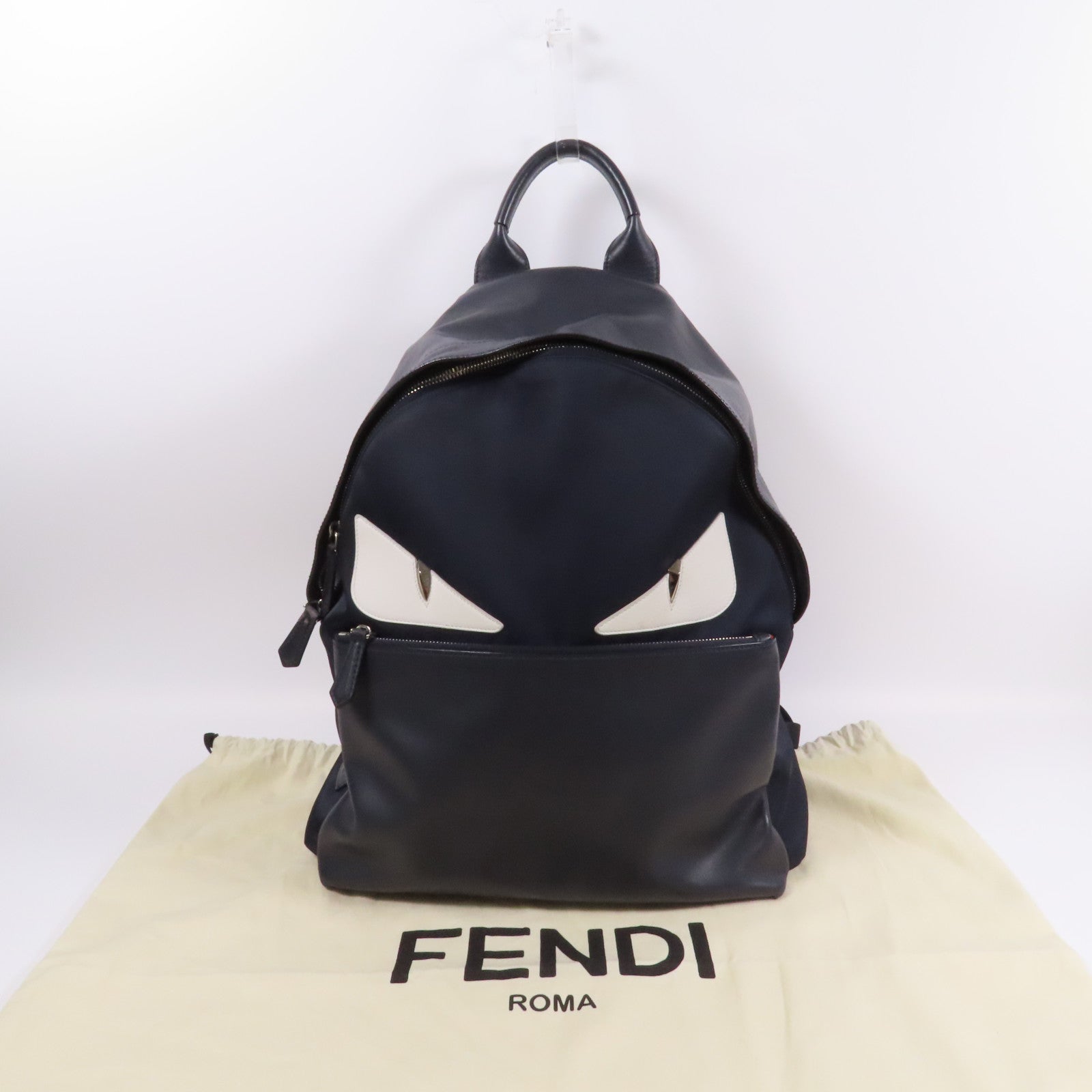 FENDI 牛皮皮革/尼龍Monster Eyes Backpack銀扣背包黑色