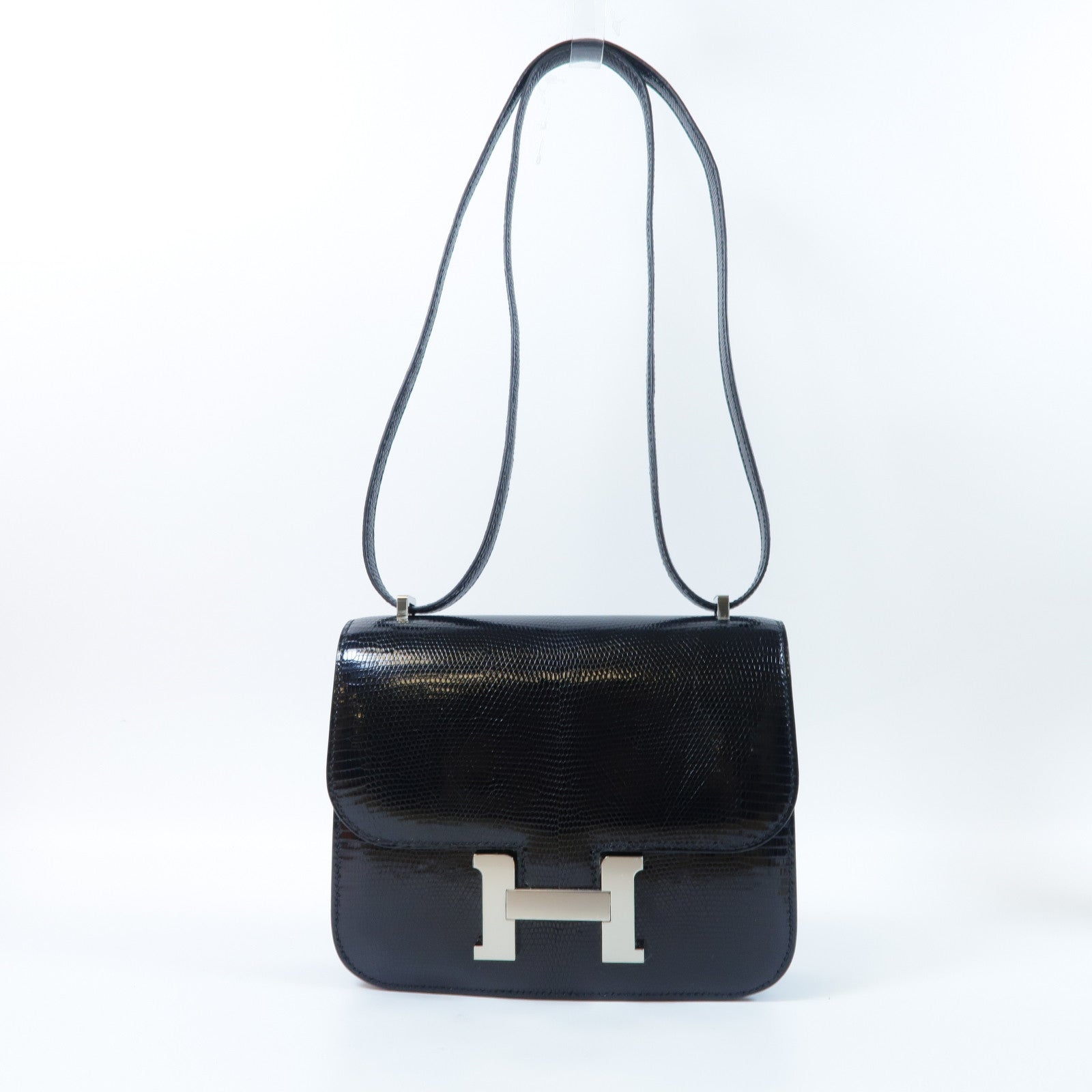 HERMES 蜥蝪皮革Constance Mini銀扣肩背袋黑色