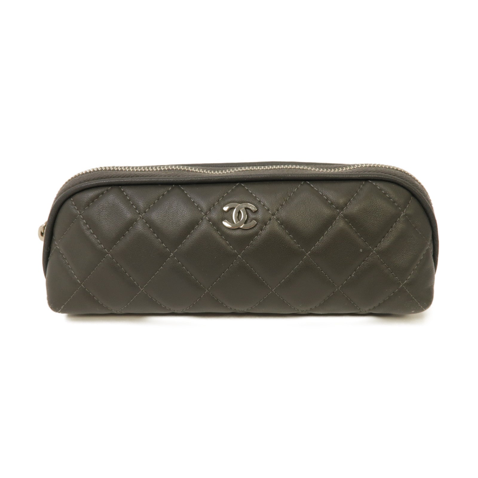 CHANEL 【激減優惠】菱格皮革Pouch銀扣手拿包灰色