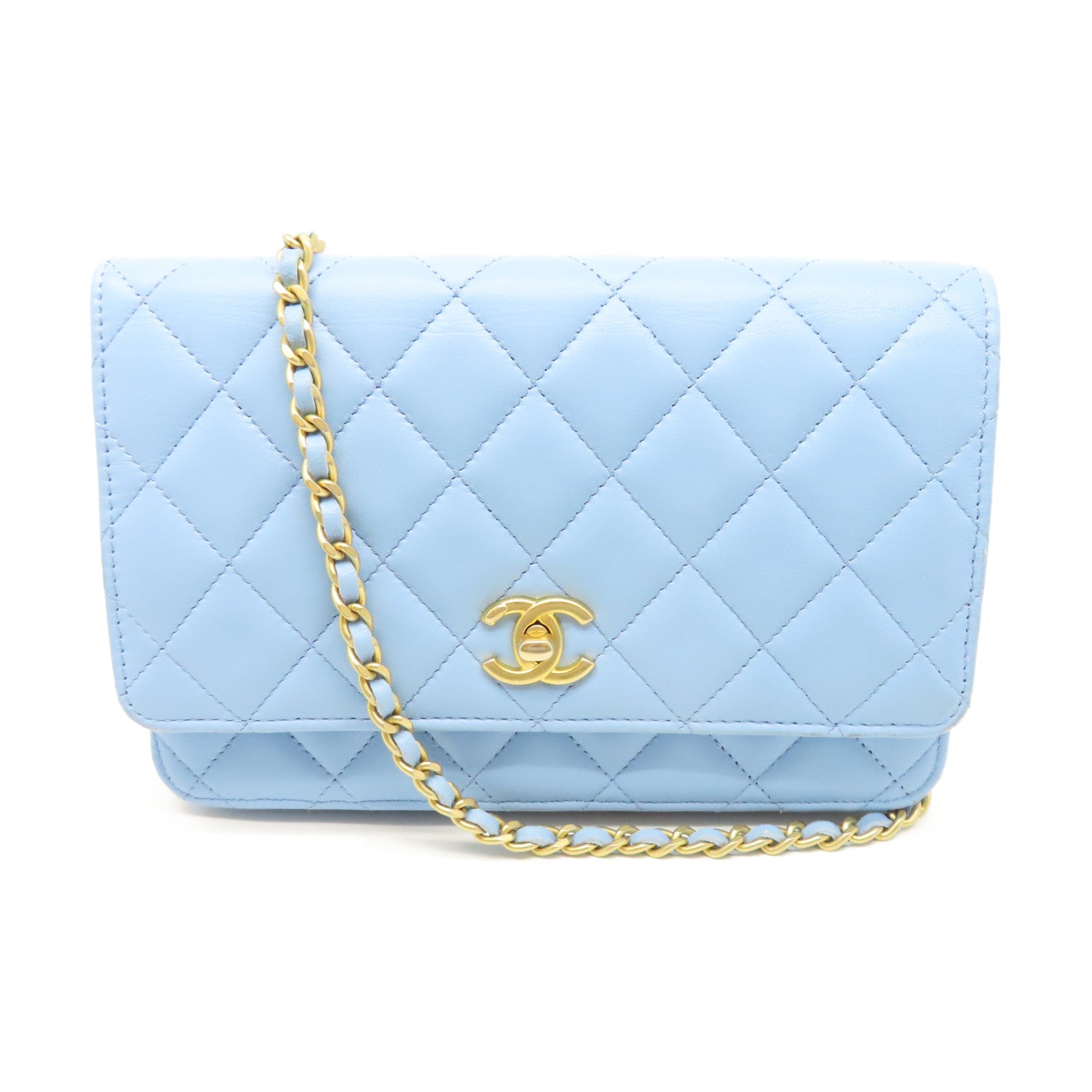 CHANEL 【清倉大減價】菱格羊皮皮革WOC金扣鏈帶肩背袋淺藍色