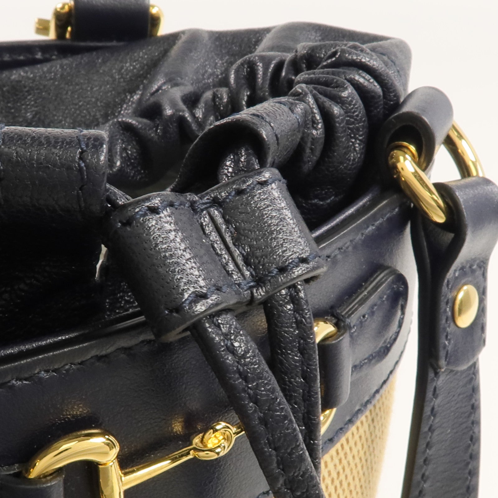 GUCCI 牛皮皮革/帆布Horsebit 1955 Bucket Bag金扣手挽袋
