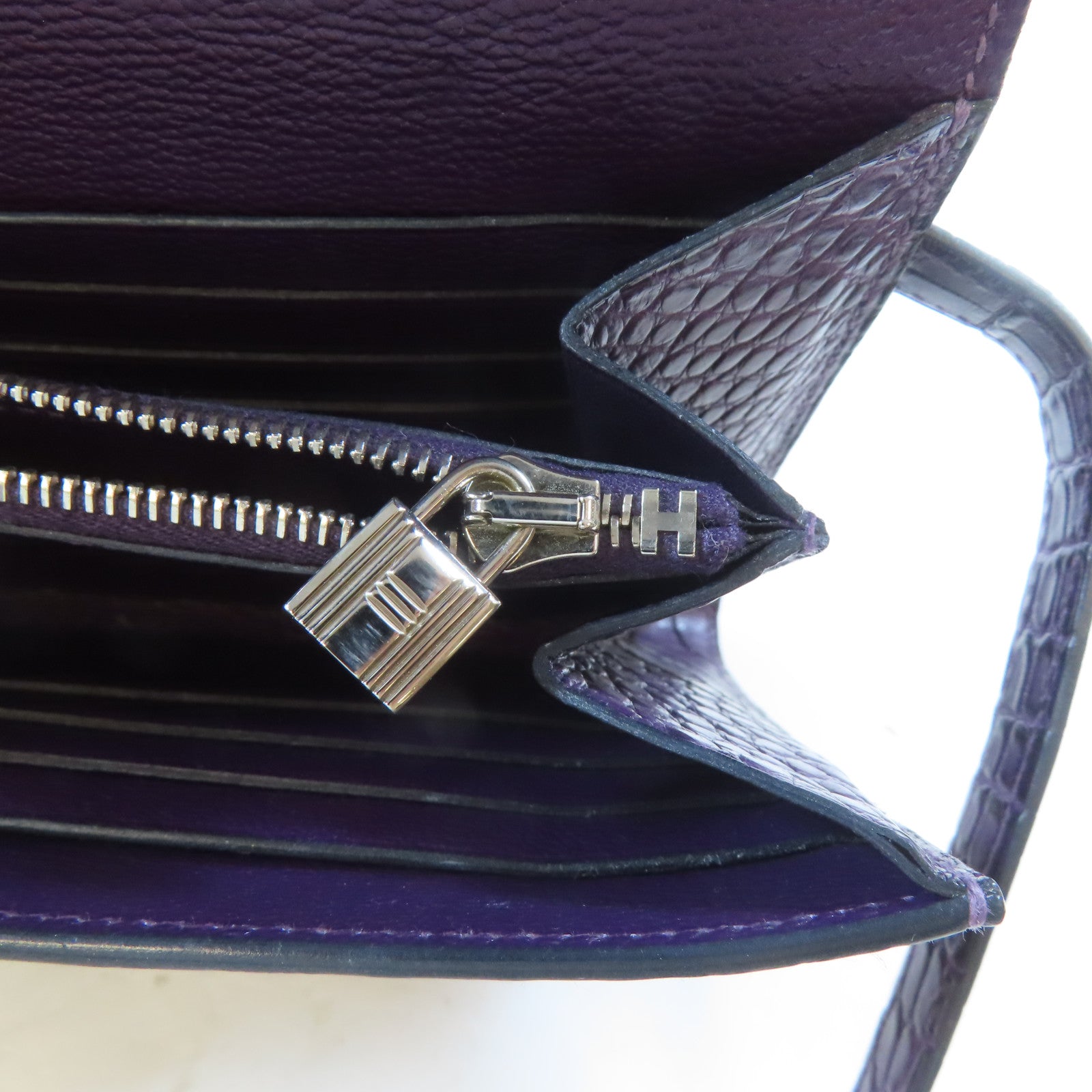 HERMES 鱷魚皮革Kelly Long Wallet銀扣長錢包Violet/紫色
