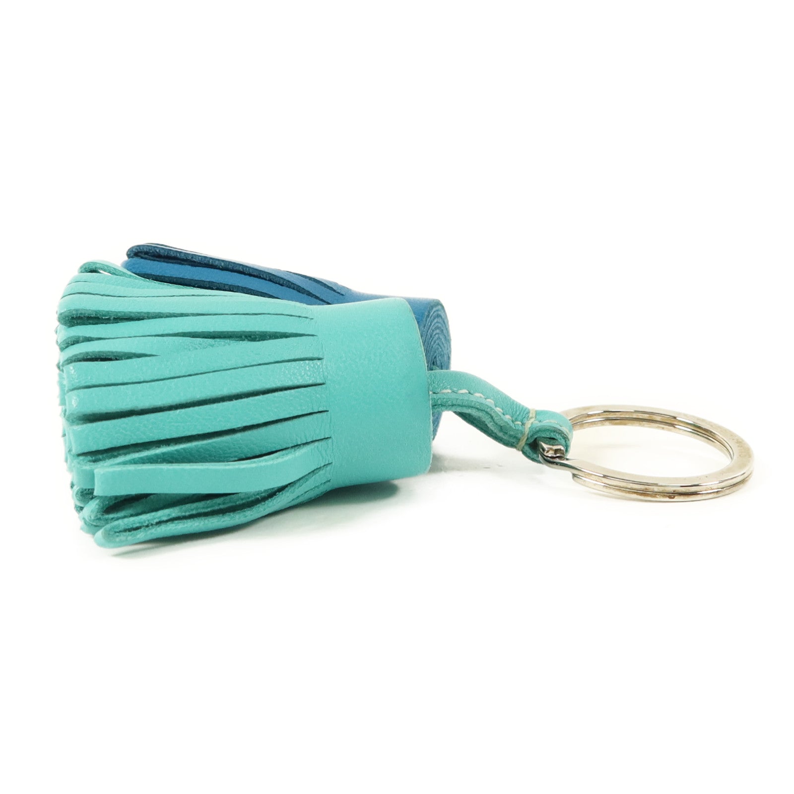 HERMES Milo皮革Carmen Duo銀扣鎖匙扣Bleu Izmir/Lagon