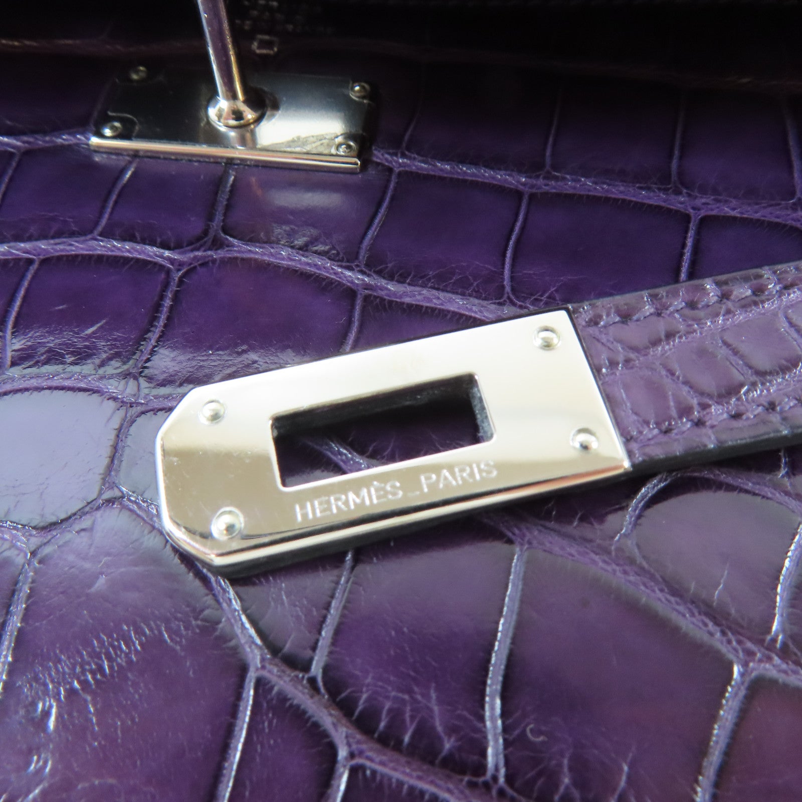 HERMES 鱷魚皮革Kelly Long Wallet銀扣長錢包Violet/紫色
