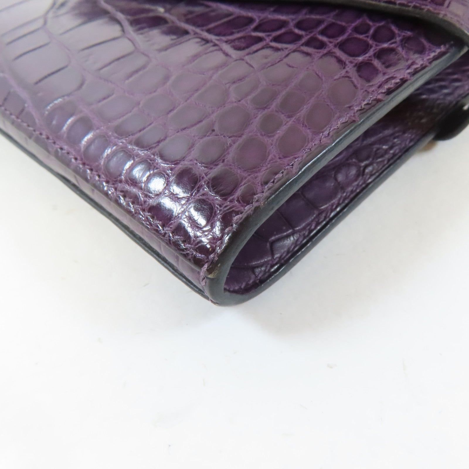 HERMES 鱷魚皮革Kelly Long Wallet銀扣長錢包Violet/紫色