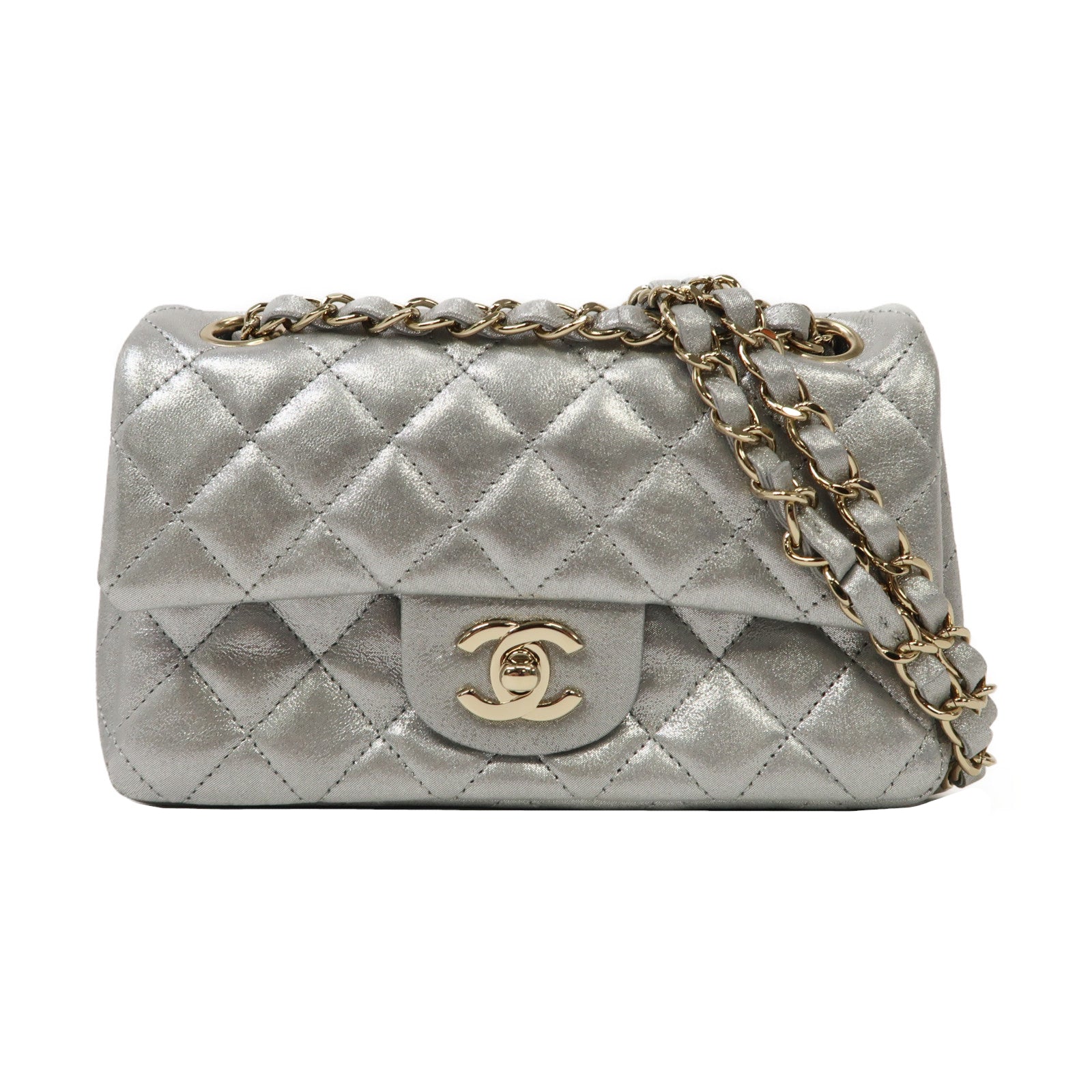 CHANEL 【激減優惠】菱格牛皮皮革Classic Flap 20 Chain Shoulder Bag金扣鏈帶肩背袋銀色