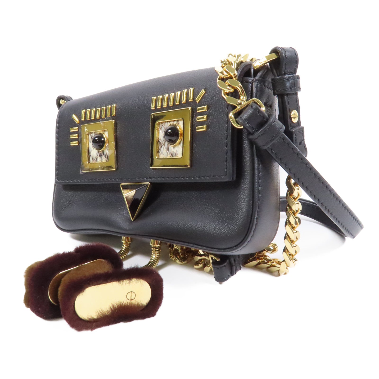 FENDI 牛皮皮革/Fur Micro Baguette Bag with Fluffy Feet金扣鏈帶肩背袋黑色