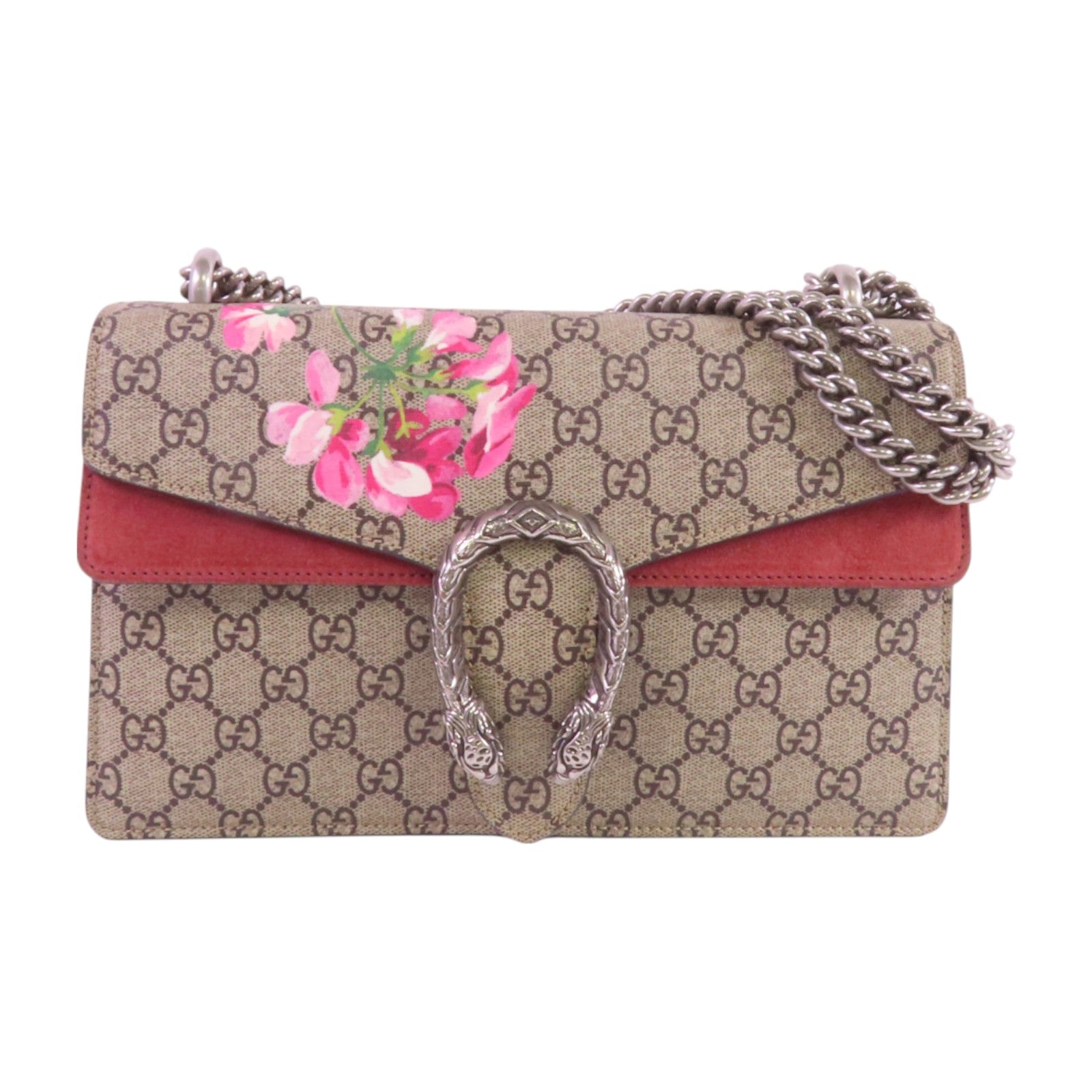 GUCCI 塗層帆布Dionysus GG銀扣鏈帶肩背袋