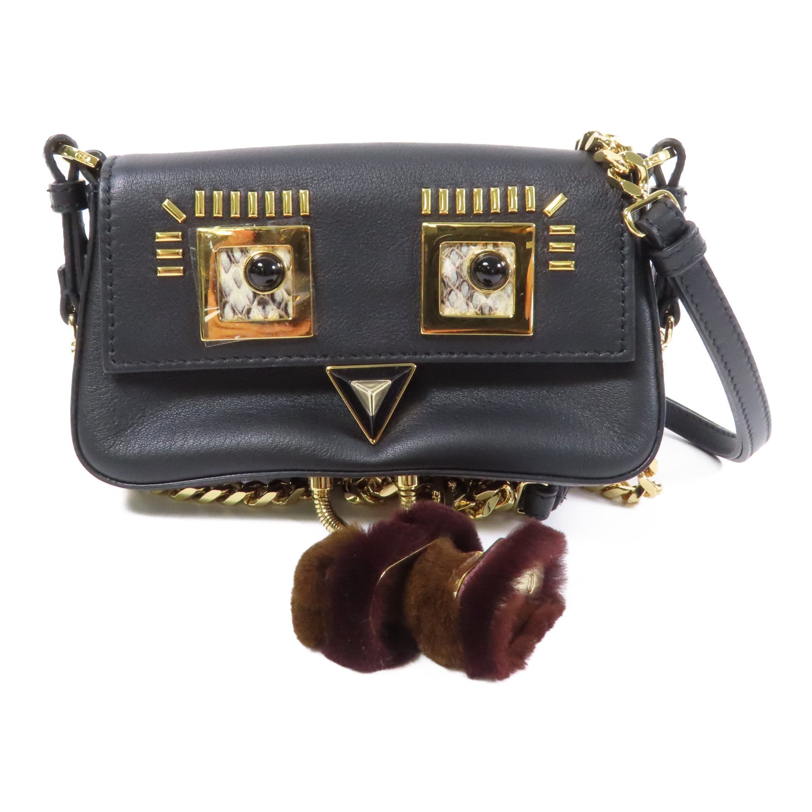 FENDI 牛皮皮革/Fur Micro Baguette Bag with Fluffy Feet金扣鏈帶肩背袋黑色