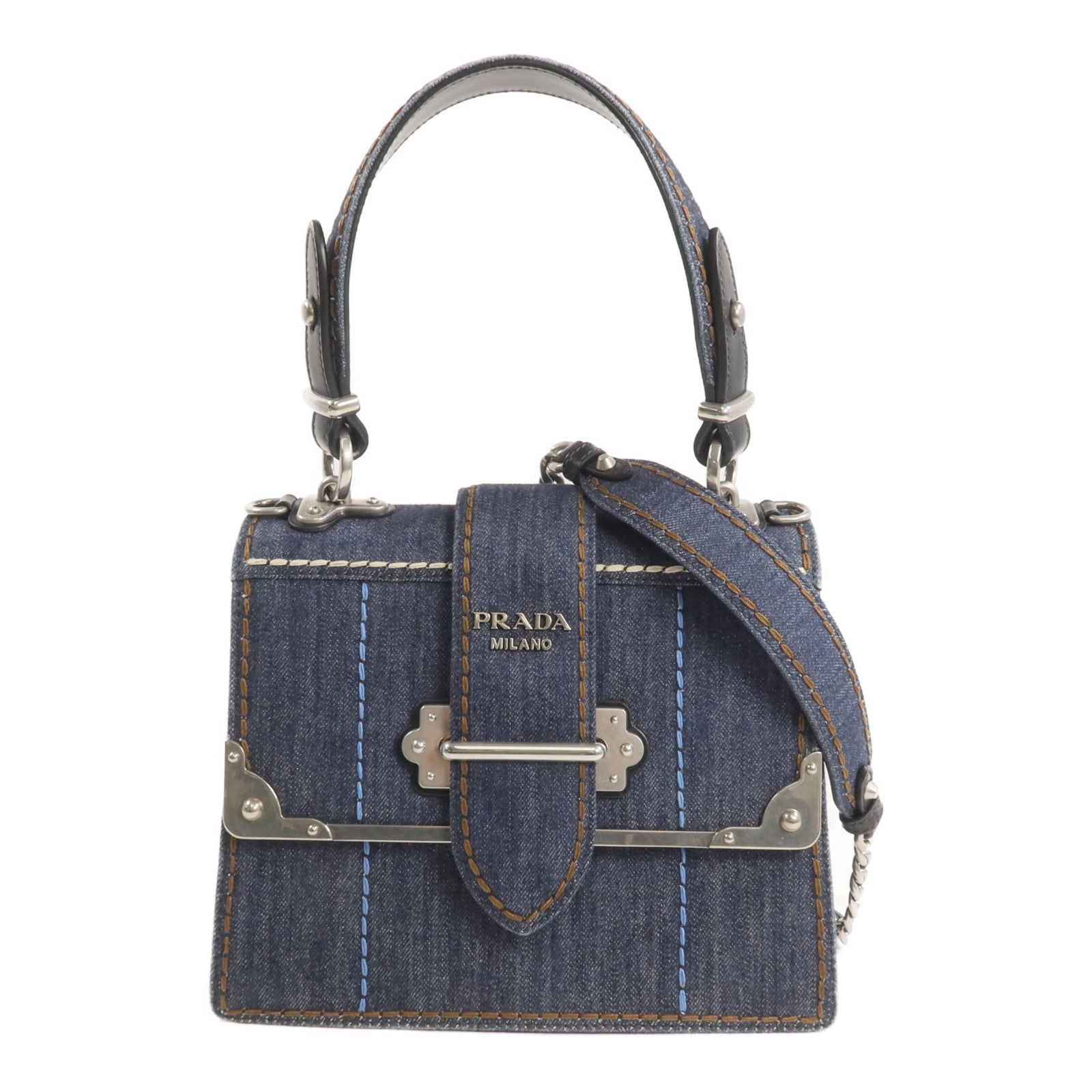 PRADA 牛仔布 2 Way Shoulder銀扣手挽肩背兩用袋