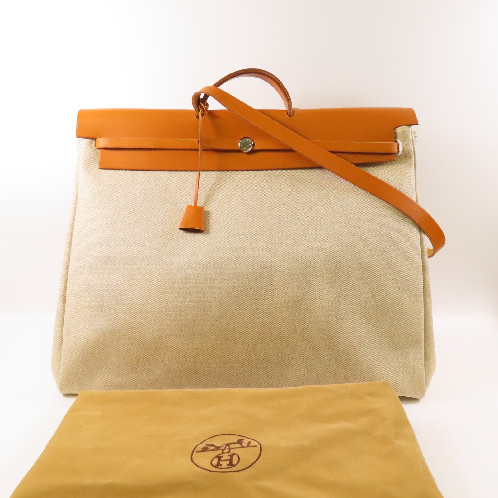 HERMES Toile H Herbag TGM銀扣手挽肩背兩用袋Beige