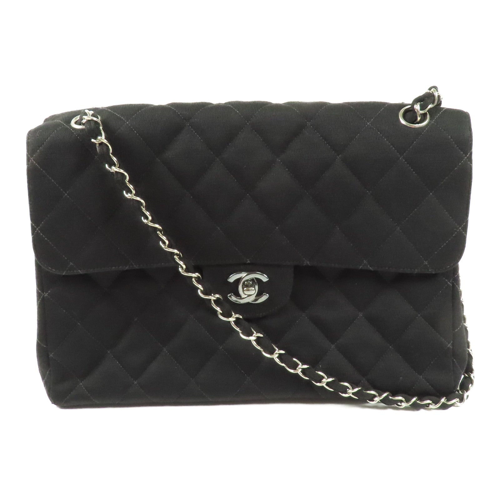 CHANEL 帆布Chain Shoulder銀扣鏈帶肩背袋