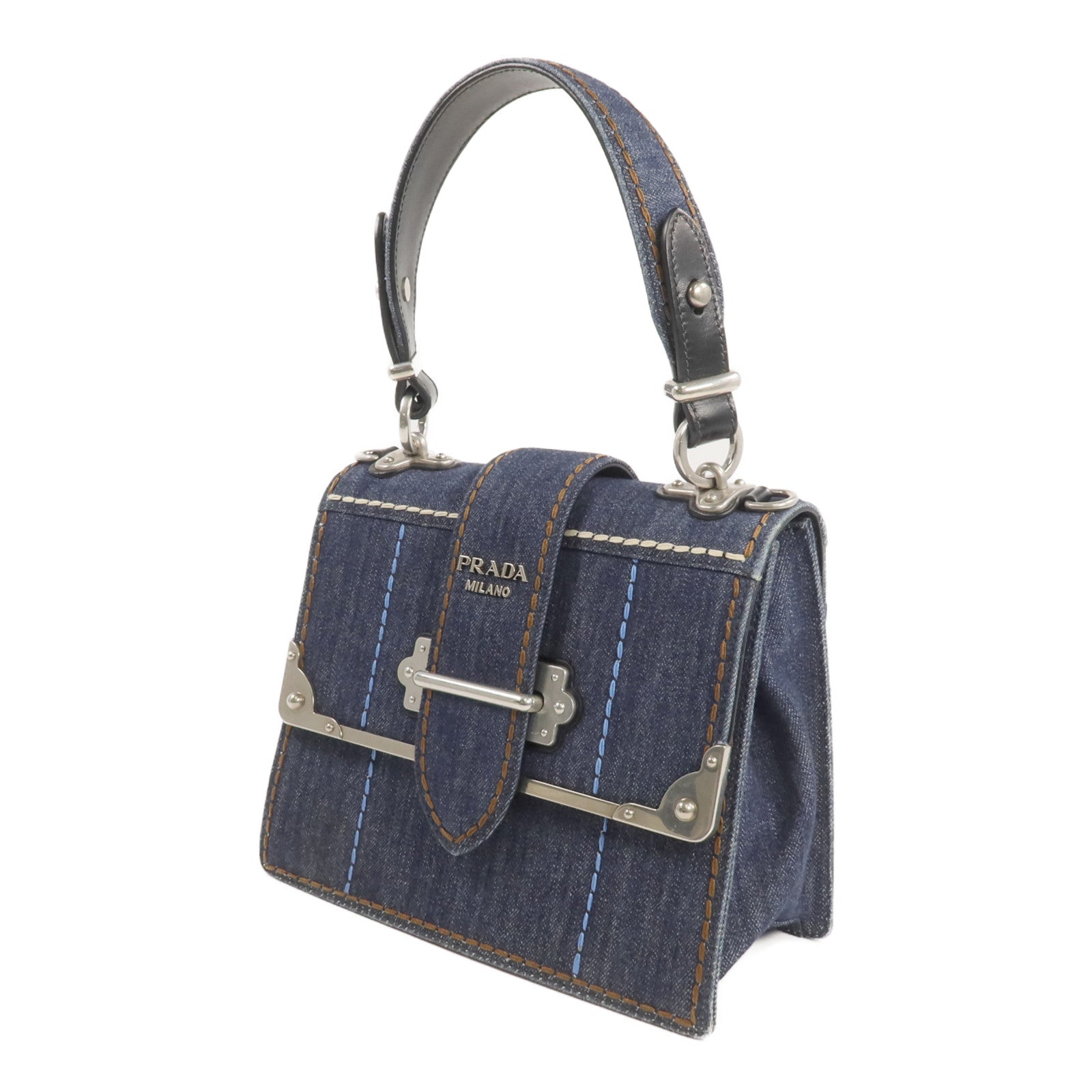 PRADA 牛仔布 2 Way Shoulder銀扣手挽肩背兩用袋