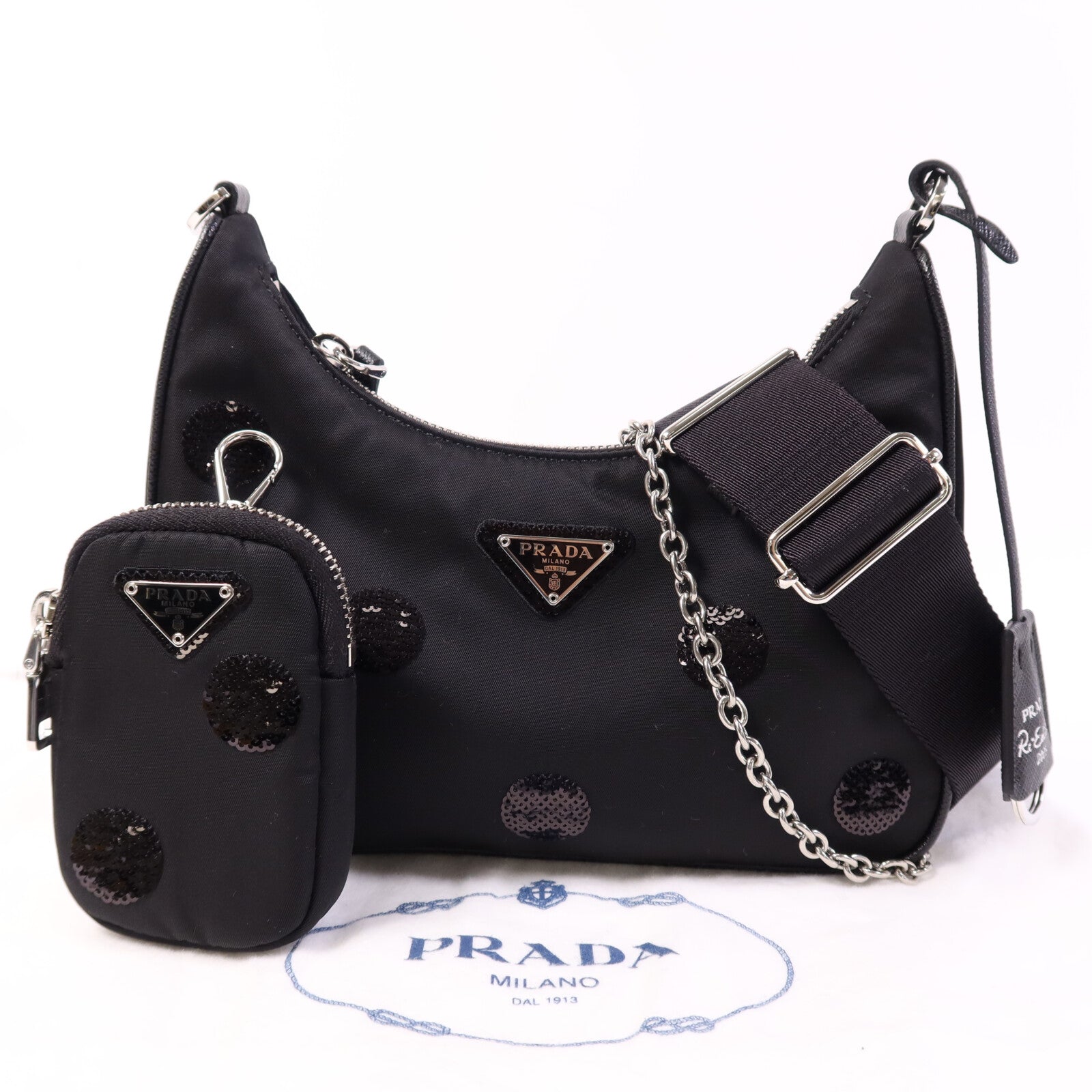 PRADA 【激減優惠】尼龍/珠片Sequin Polka Dot Bag銀扣鏈帶肩背袋