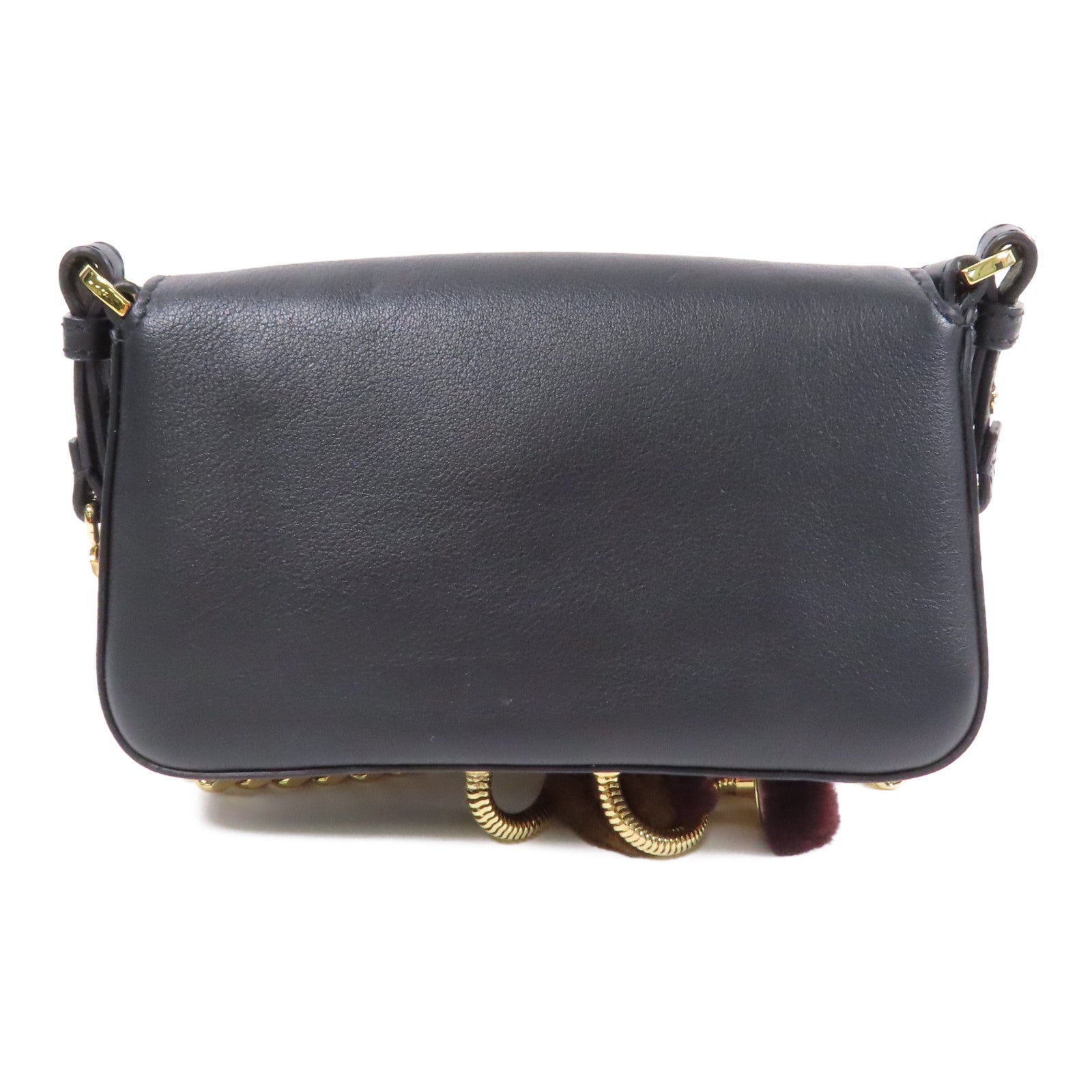 FENDI 牛皮皮革/Fur Micro Baguette Bag with Fluffy Feet金扣鏈帶肩背袋黑色