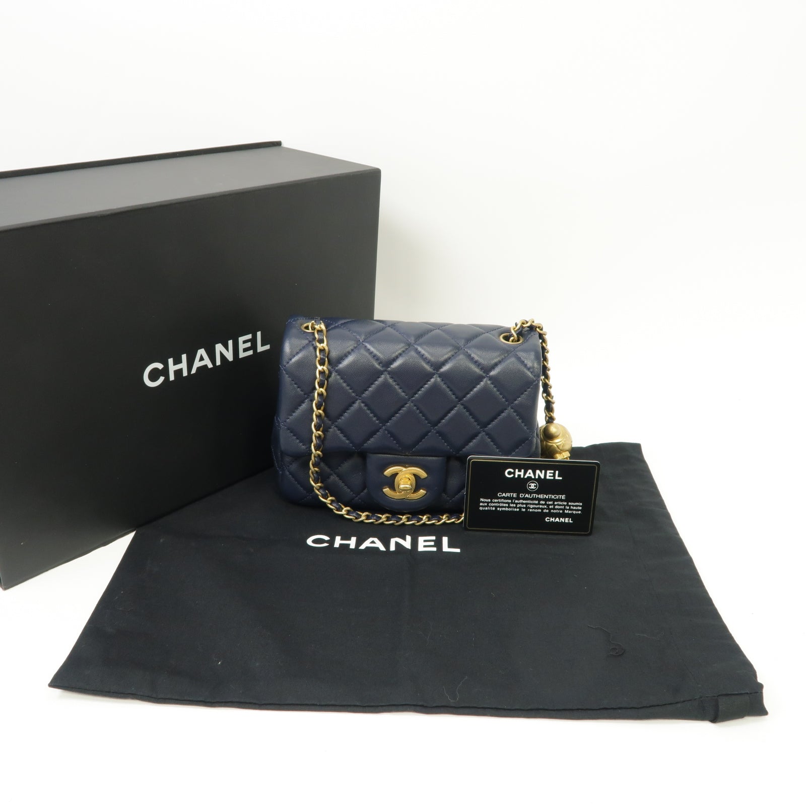 CHANEL 菱格羊皮皮革CF Mini 17cm Chain Shoulder Bag金扣鏈帶肩背袋深藍色