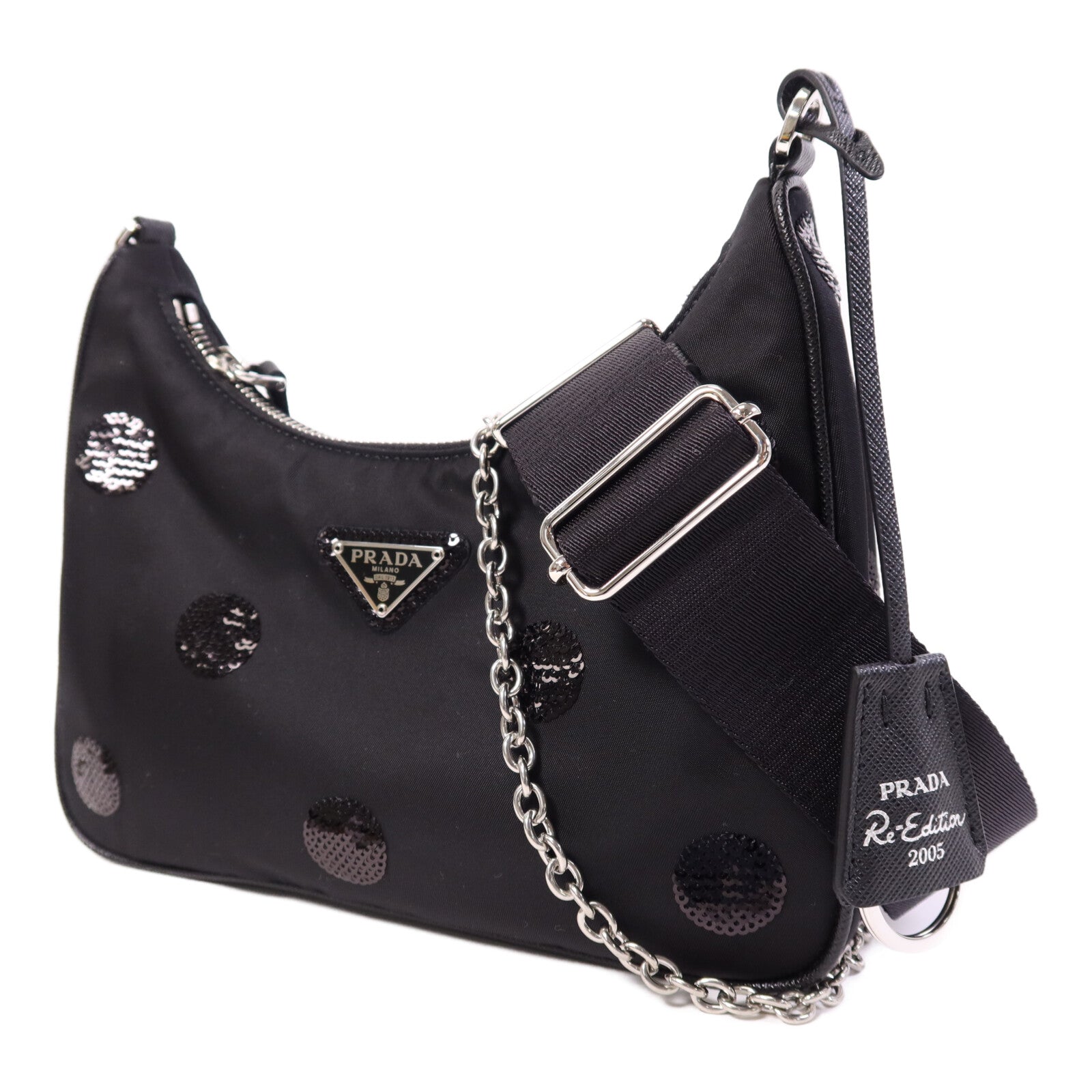PRADA 【激減優惠】尼龍/珠片Sequin Polka Dot Bag銀扣鏈帶肩背袋