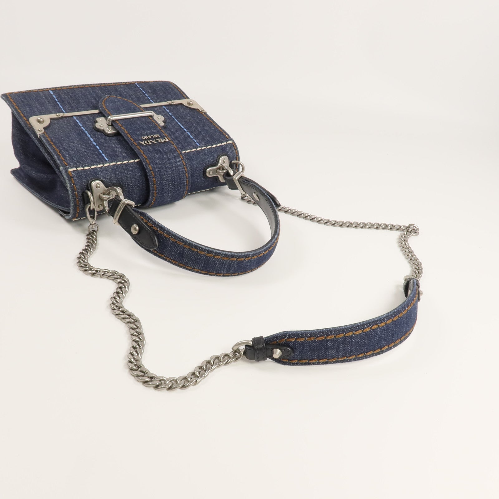 PRADA 牛仔布 2 Way Shoulder銀扣手挽肩背兩用袋