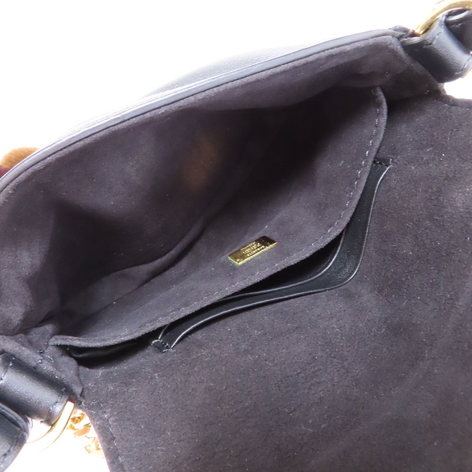 FENDI 牛皮皮革/Fur Micro Baguette Bag with Fluffy Feet金扣鏈帶肩背袋黑色
